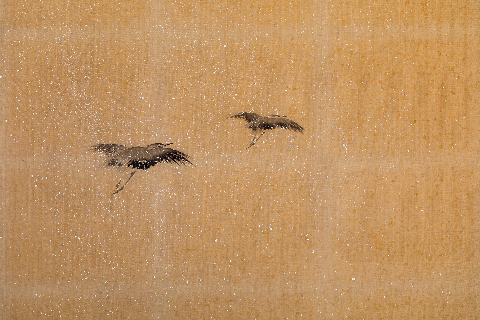 Japanese Four Panel Screen: Herons on Snow Laden Branch For Sale 2