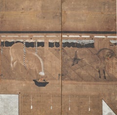 Japanese Four-Panel Screen, Horses in Stable Setting