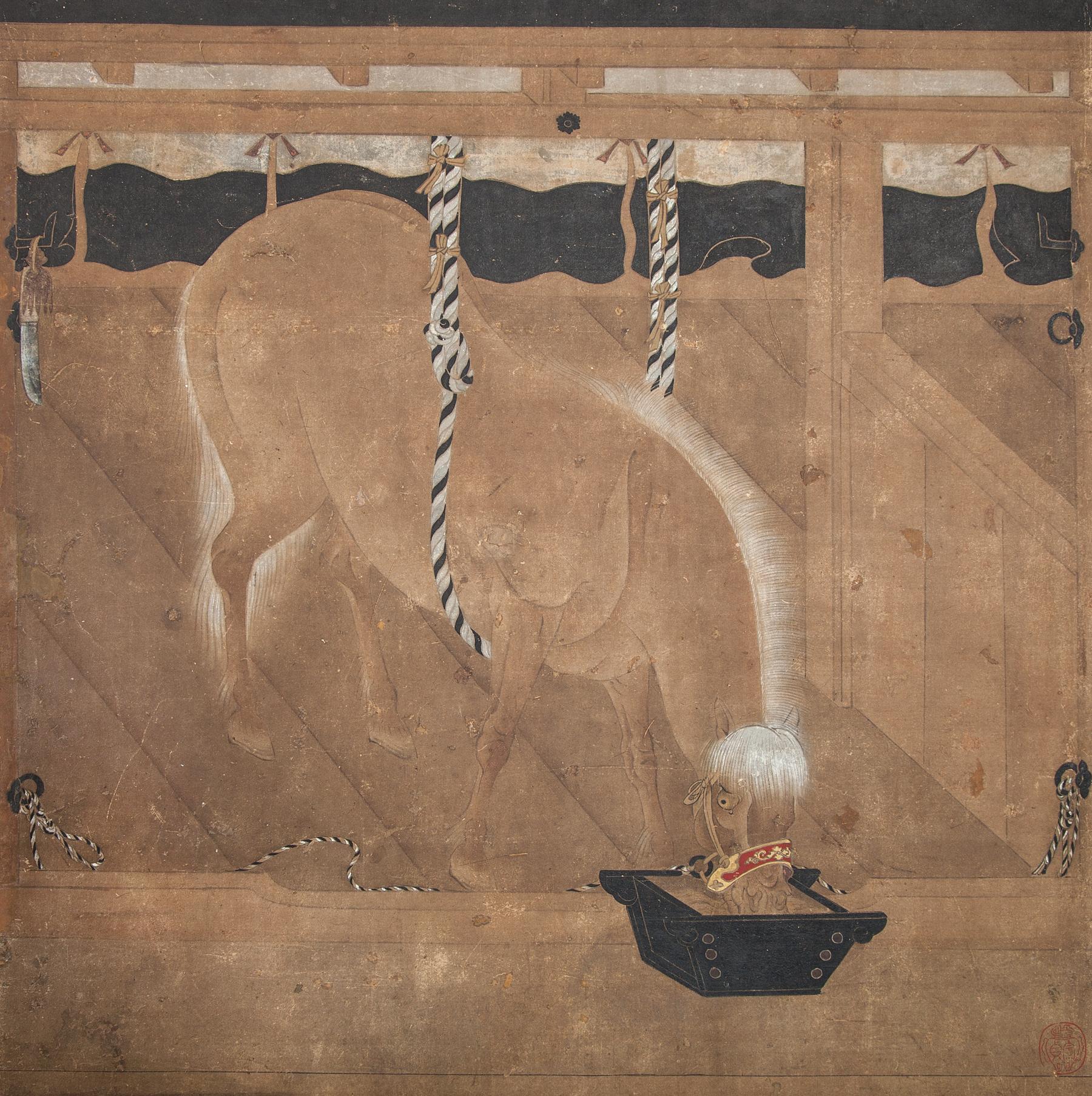 Japanischer vierteiliger japanischer Raumteiler, Pferde in Plattenfassung (18. Jahrhundert und früher) im Angebot