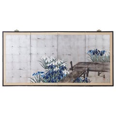 Japanese Four Panel Screen Irises on Silver Leaf