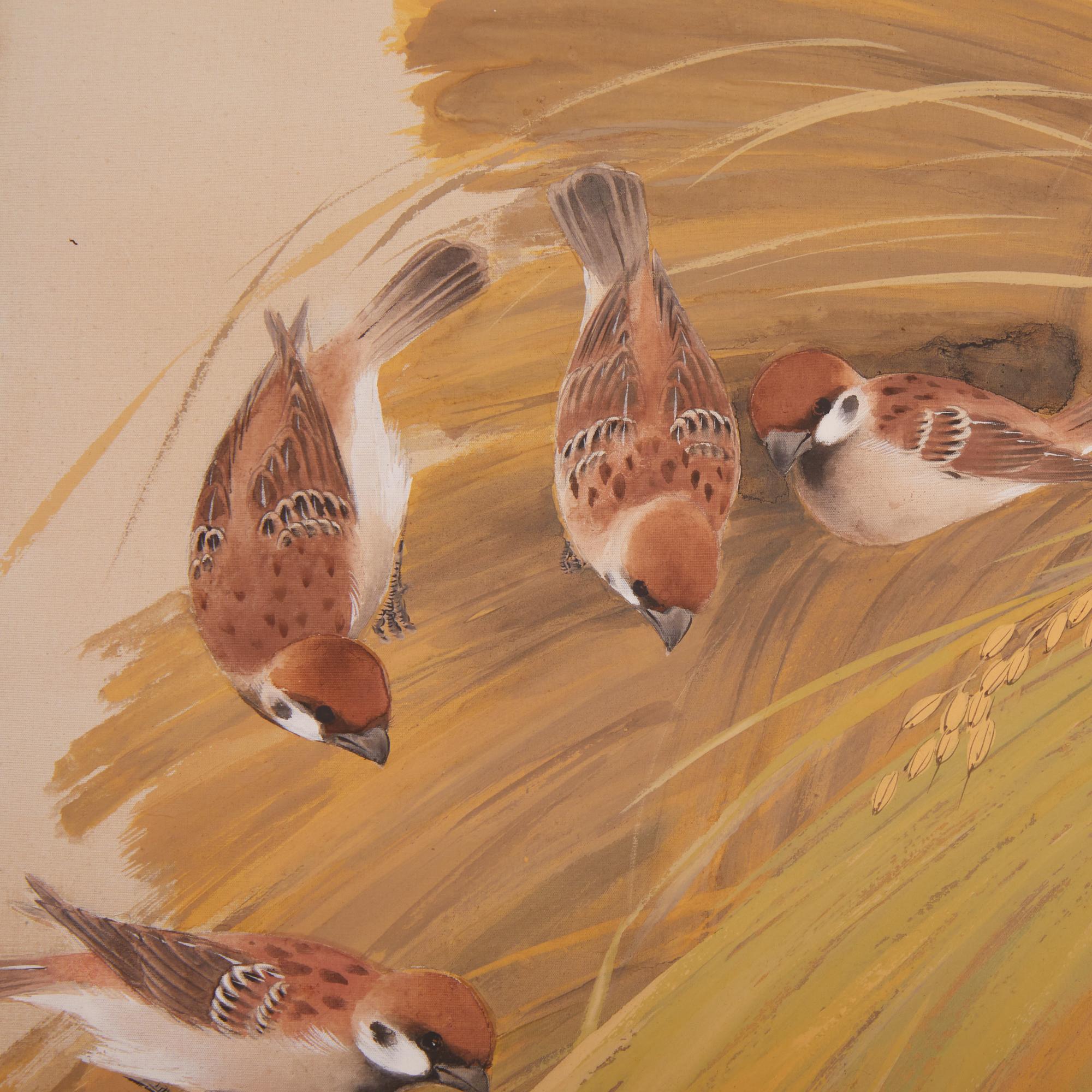 Japanese Four Panel Screen: Japanese Tree Sparrows on Stacks of Bailed Rice In Good Condition For Sale In Hudson, NY