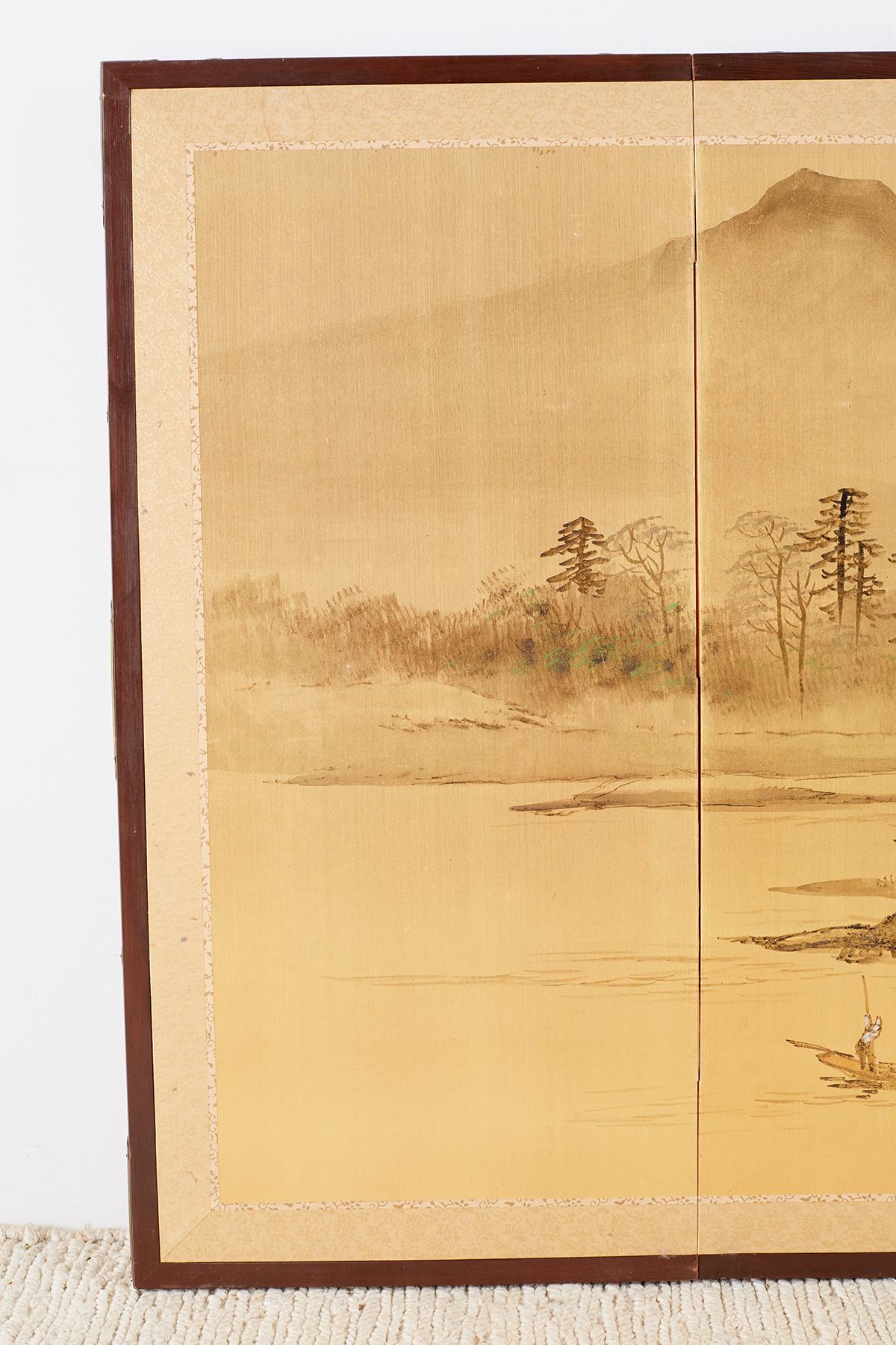 Mid-Century Modern Japanese Four-Panel Screen Landscape with Fisherman