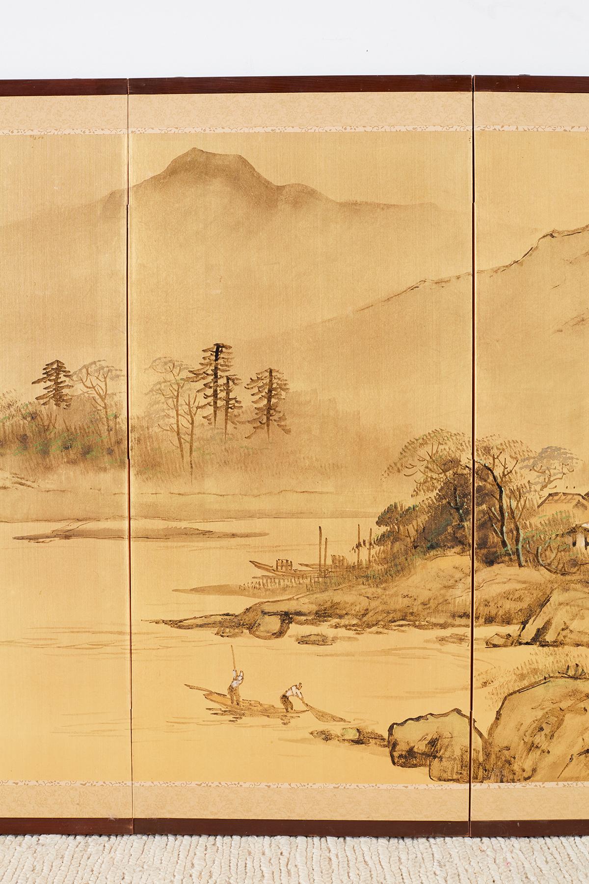Hand-Painted Japanese Four-Panel Screen Landscape with Fisherman