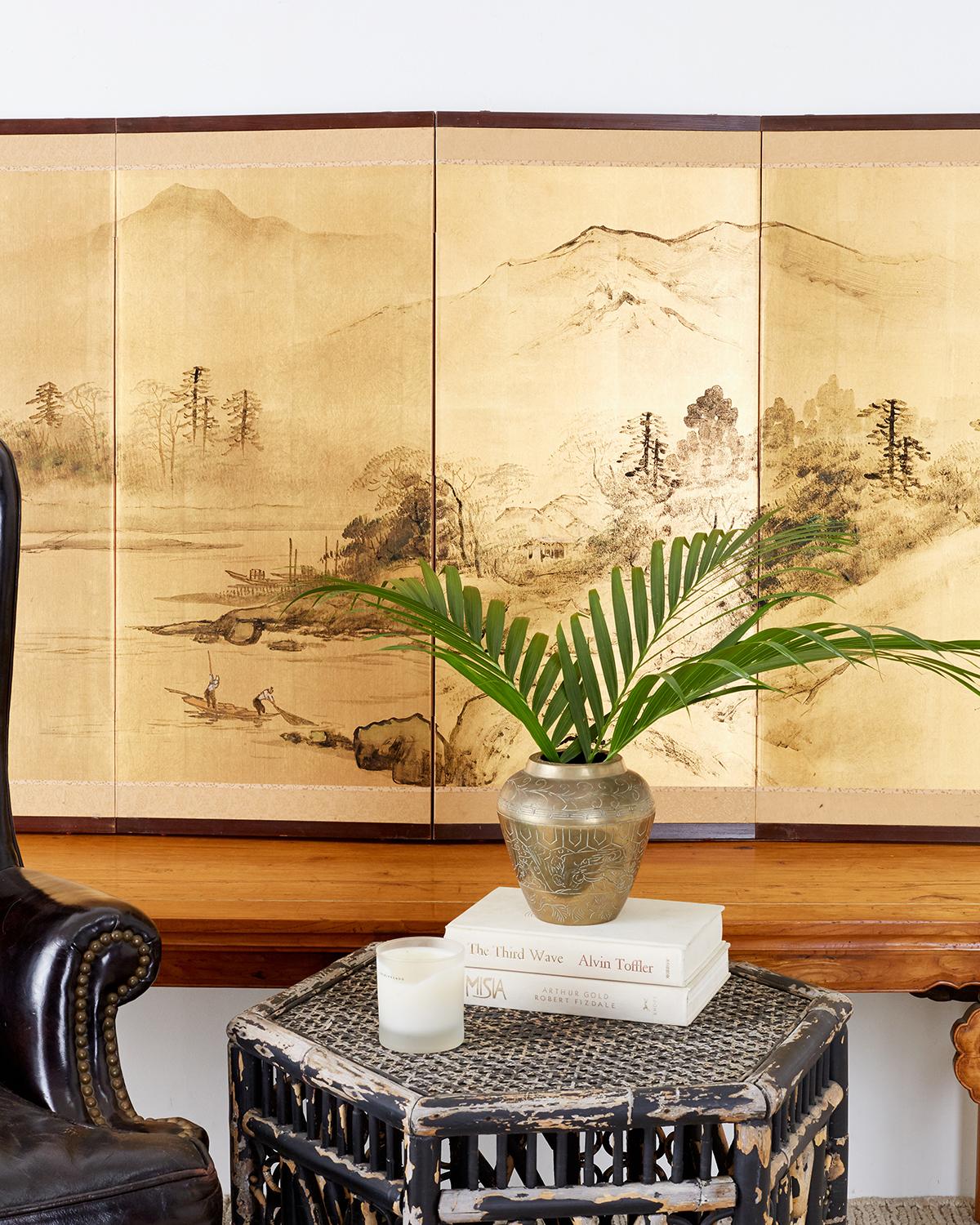 20th Century Japanese Four-Panel Screen Landscape with Fisherman