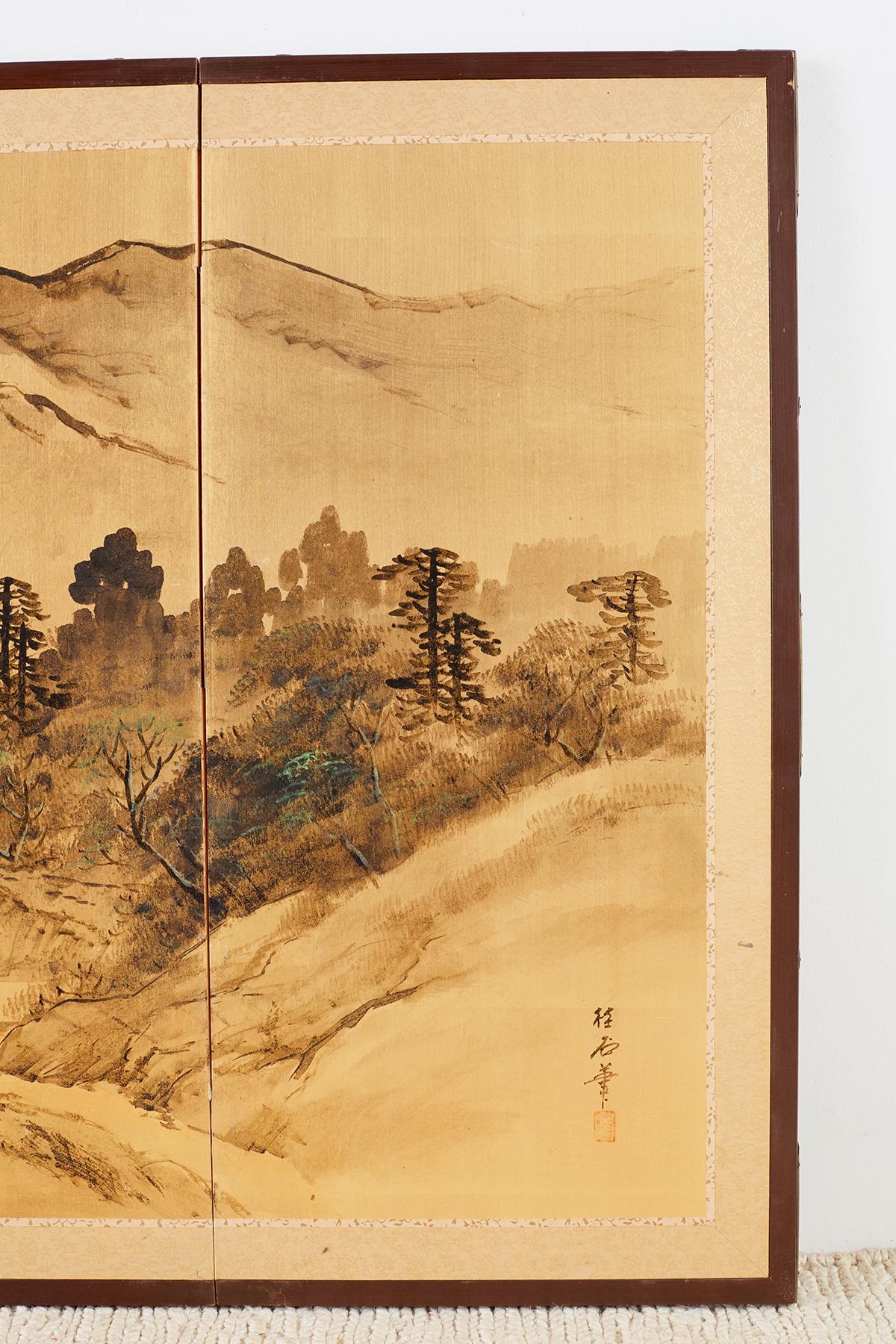 Brass Japanese Four-Panel Screen Landscape with Fisherman