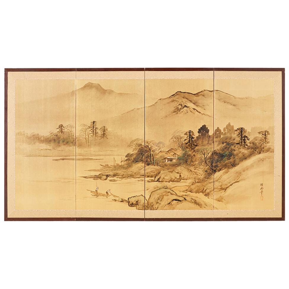 Japanese Four-Panel Screen Landscape with Fisherman