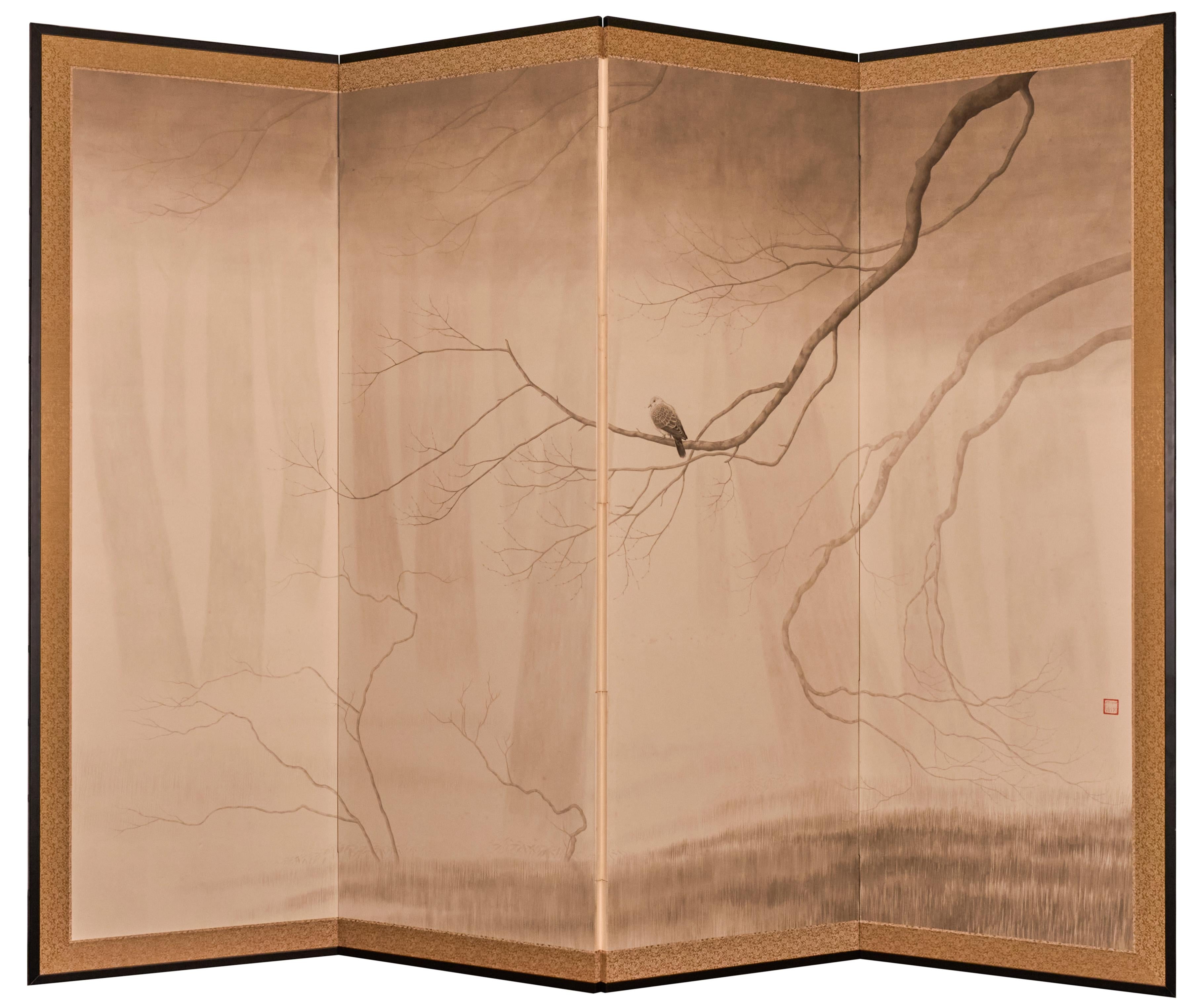 Japanese Four Panel Screen: Lone Dove en venta 4
