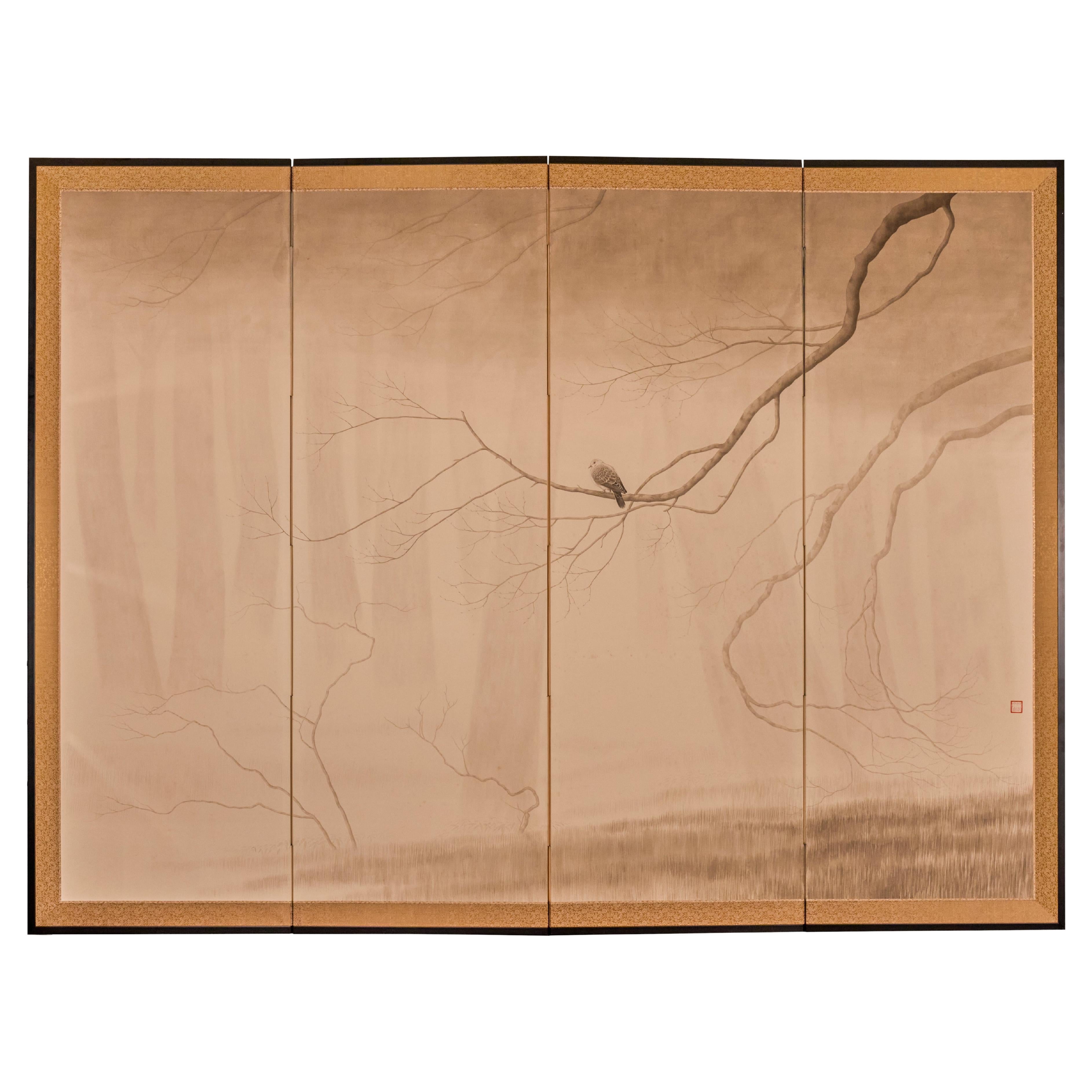 Japanese Four Panel Screen: Lone Dove en venta