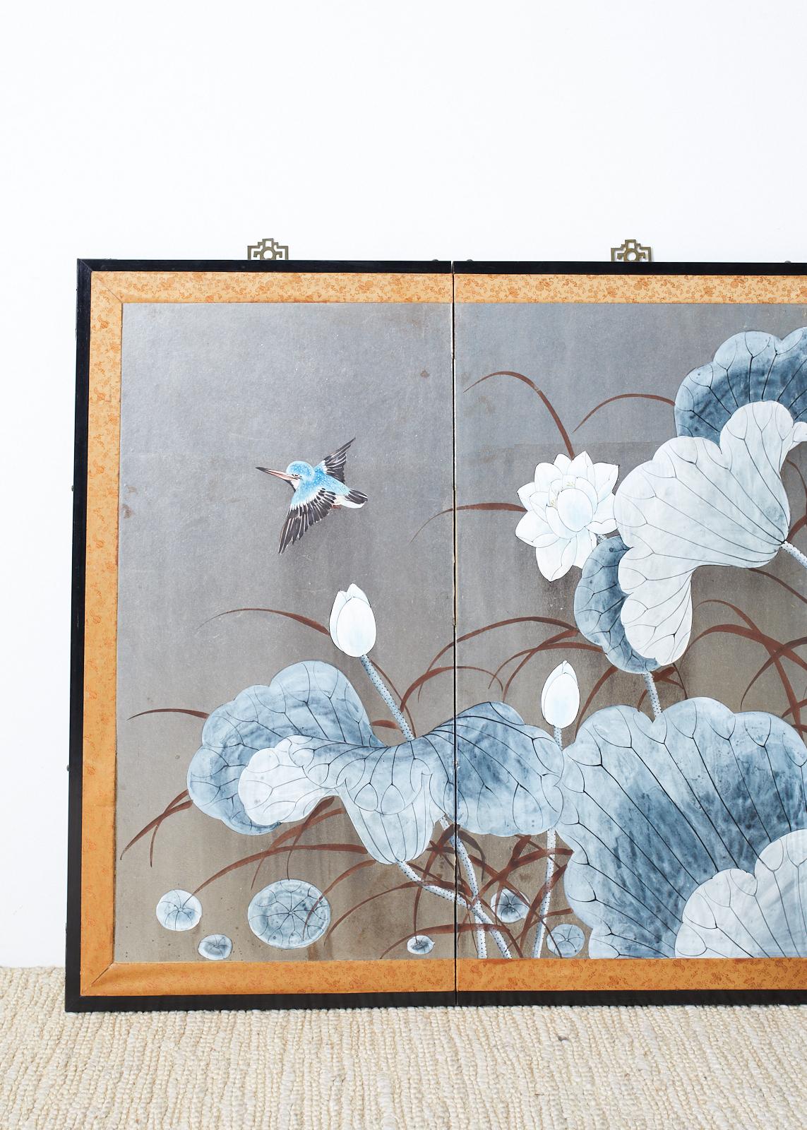Showa Japanese Four Panel Screen Lotus Blossom and Kingfishers