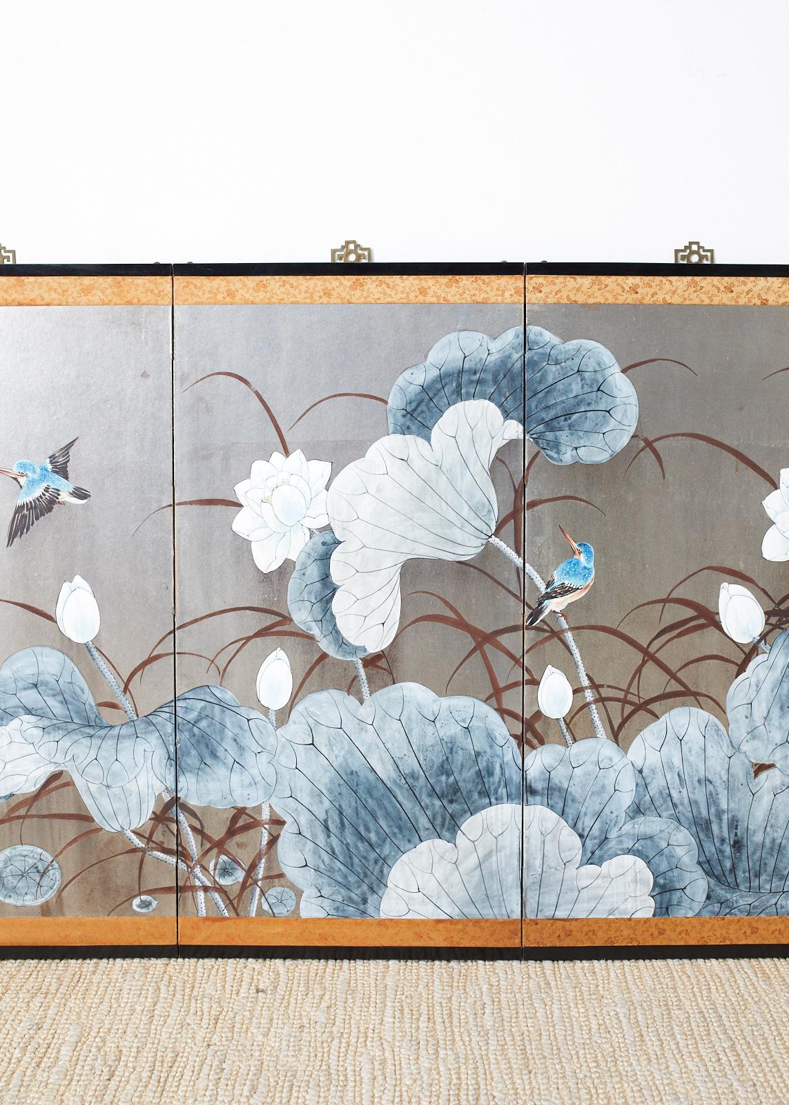 Hand-Crafted Japanese Four Panel Screen Lotus Blossom and Kingfishers