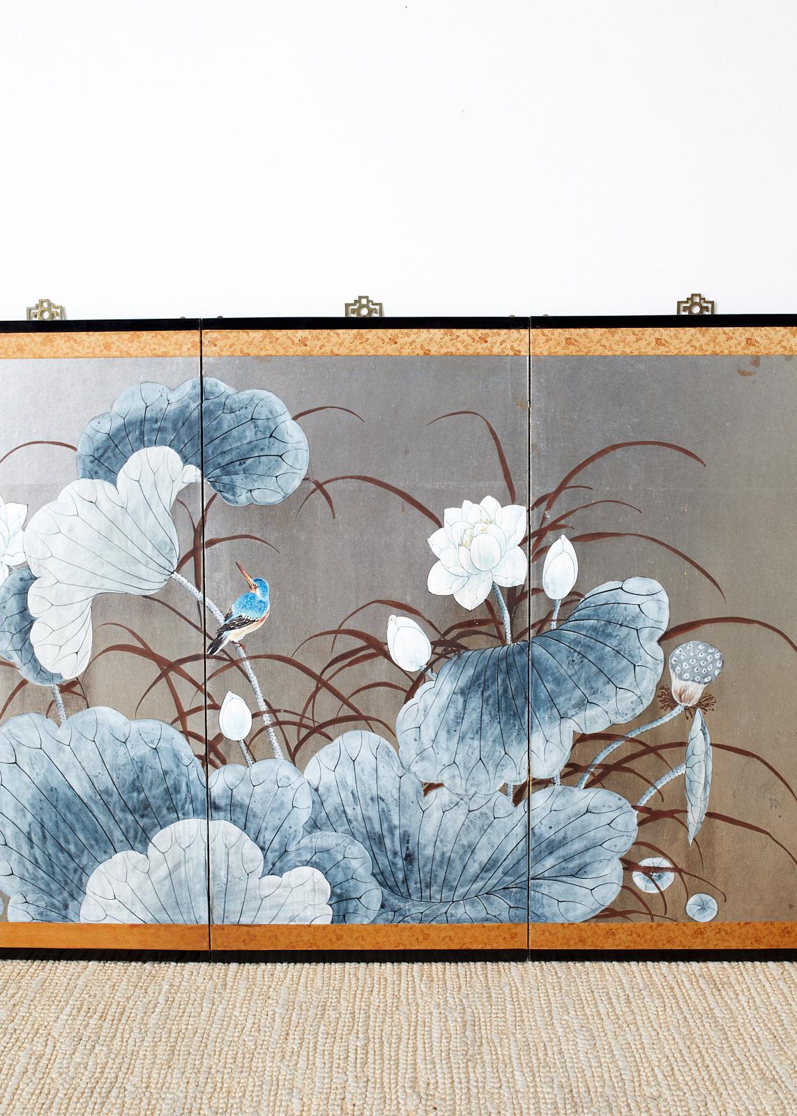 Japanese Four Panel Screen Lotus Blossom and Kingfishers In Good Condition In Rio Vista, CA