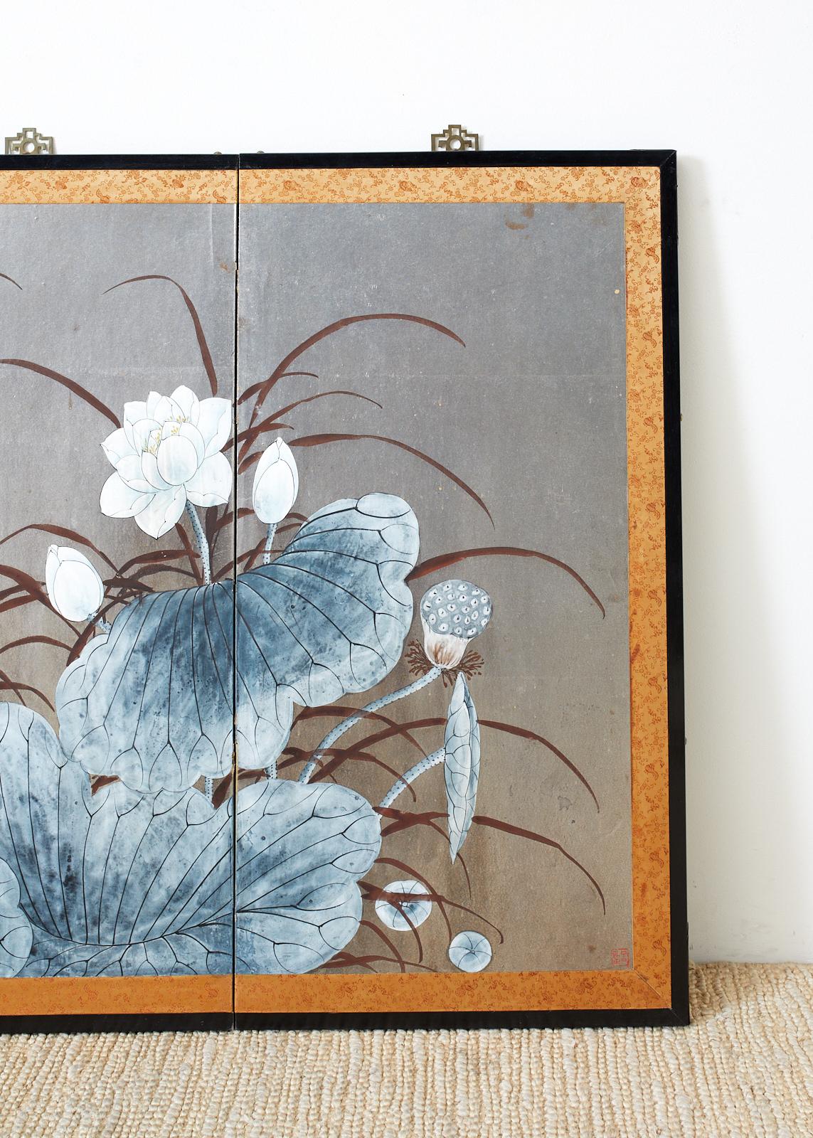 20th Century Japanese Four Panel Screen Lotus Blossom and Kingfishers