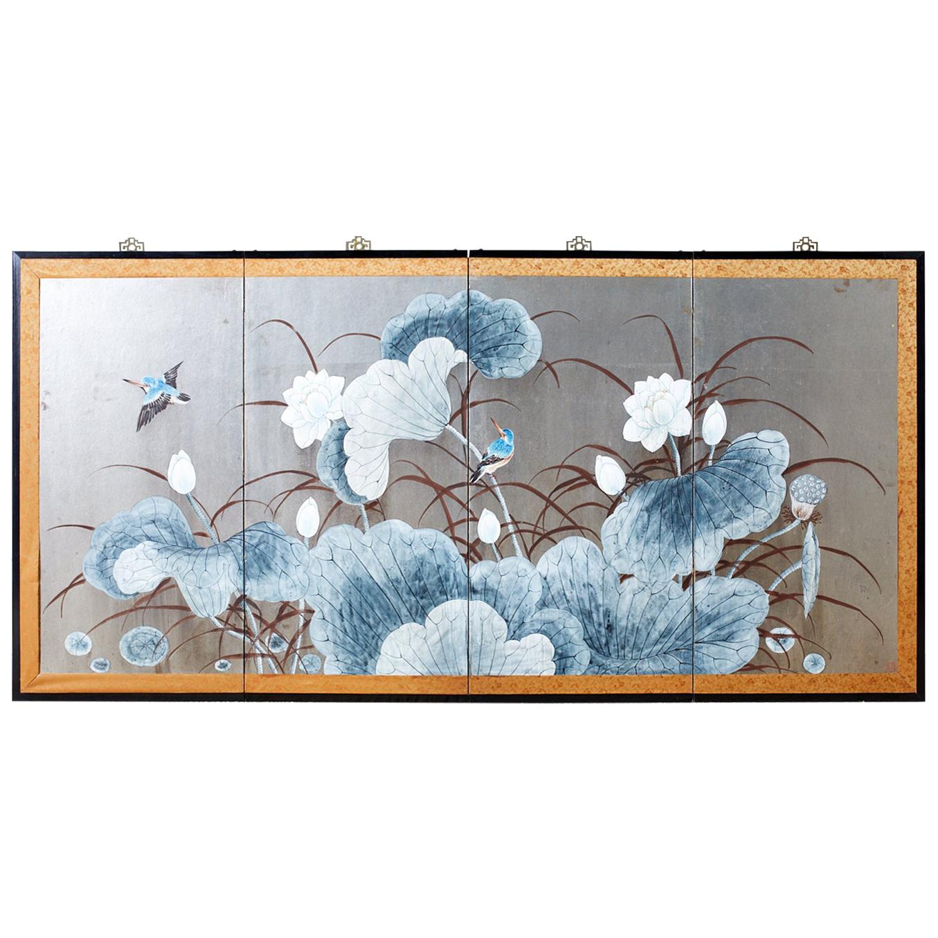 Japanese Four Panel Screen Lotus Blossom and Kingfishers