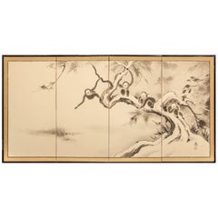 Japanese Four Panel Screen, Monkeys in Tree