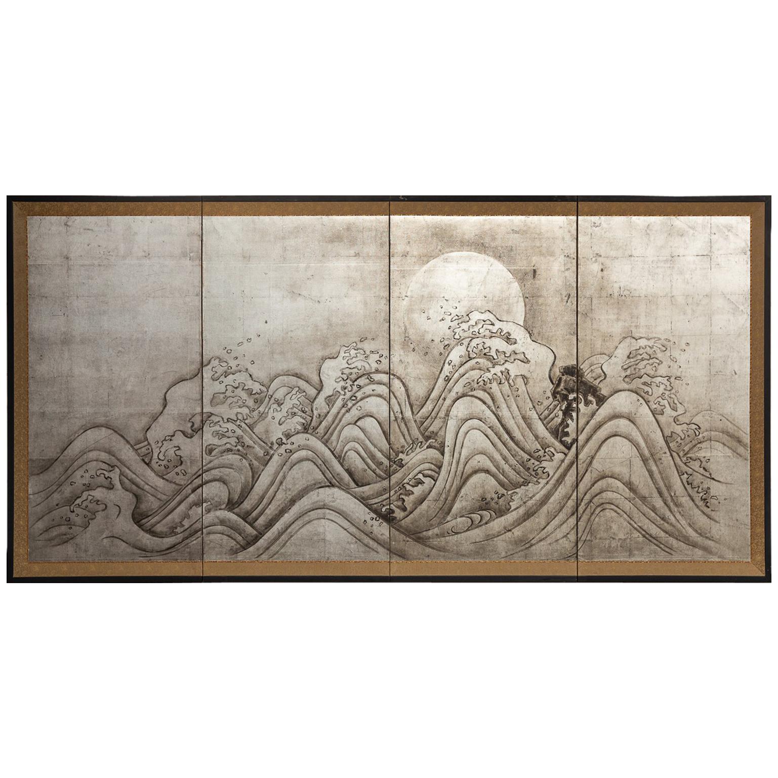 Japanese Four-Panel Screen, Moon and Ocean Landscape