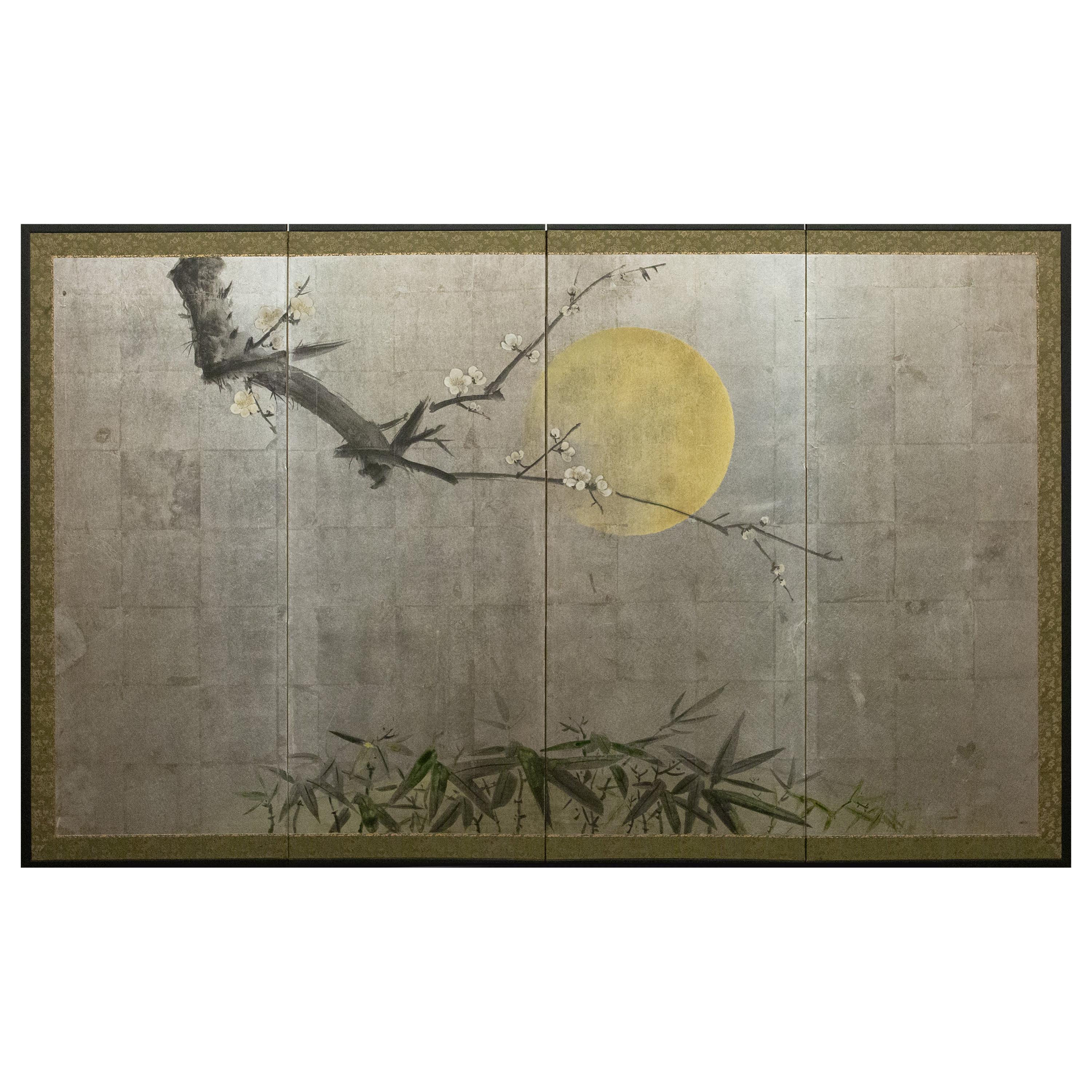 Japanese Four-Panel Screen, Moonlit Plum in Bloom with Bamboo