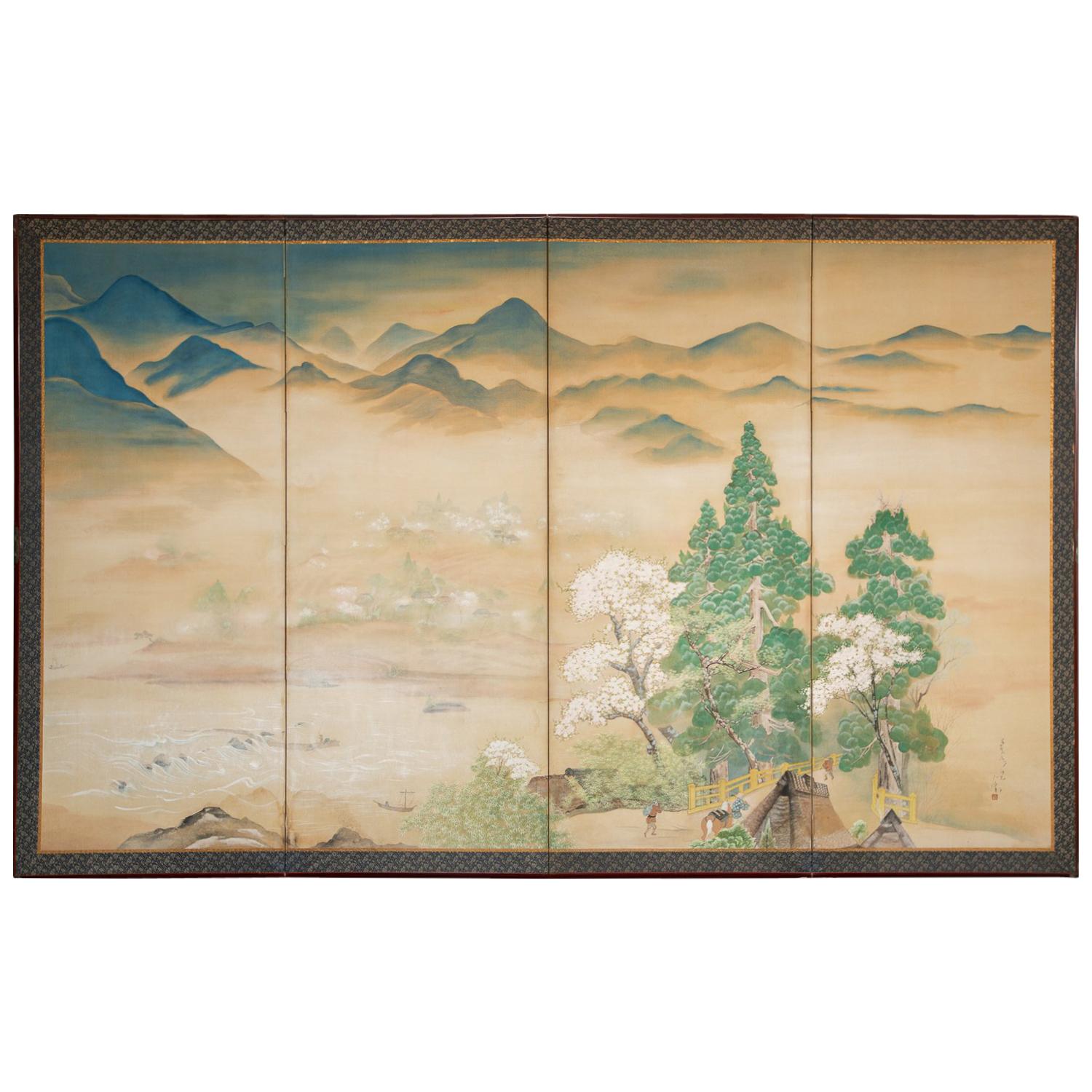 Japanese Four Panel Screen: Mountain and Water Landscape