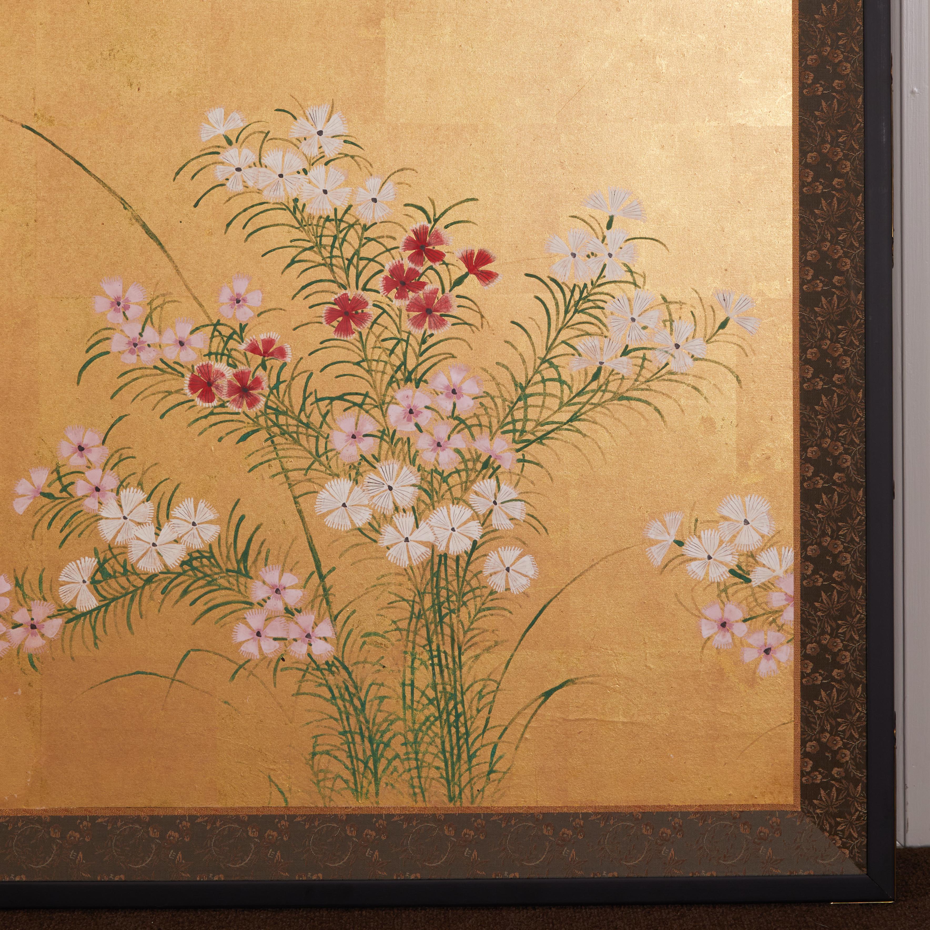 Nadeshiko, also known as fringed pinks is a flowering plant native to Japan.  Ink, mineral pigments and 18th century gold leaf, with good veining, on mulberry paper.  Silk brocade border and black lacquer trim with bronze hardware. 
