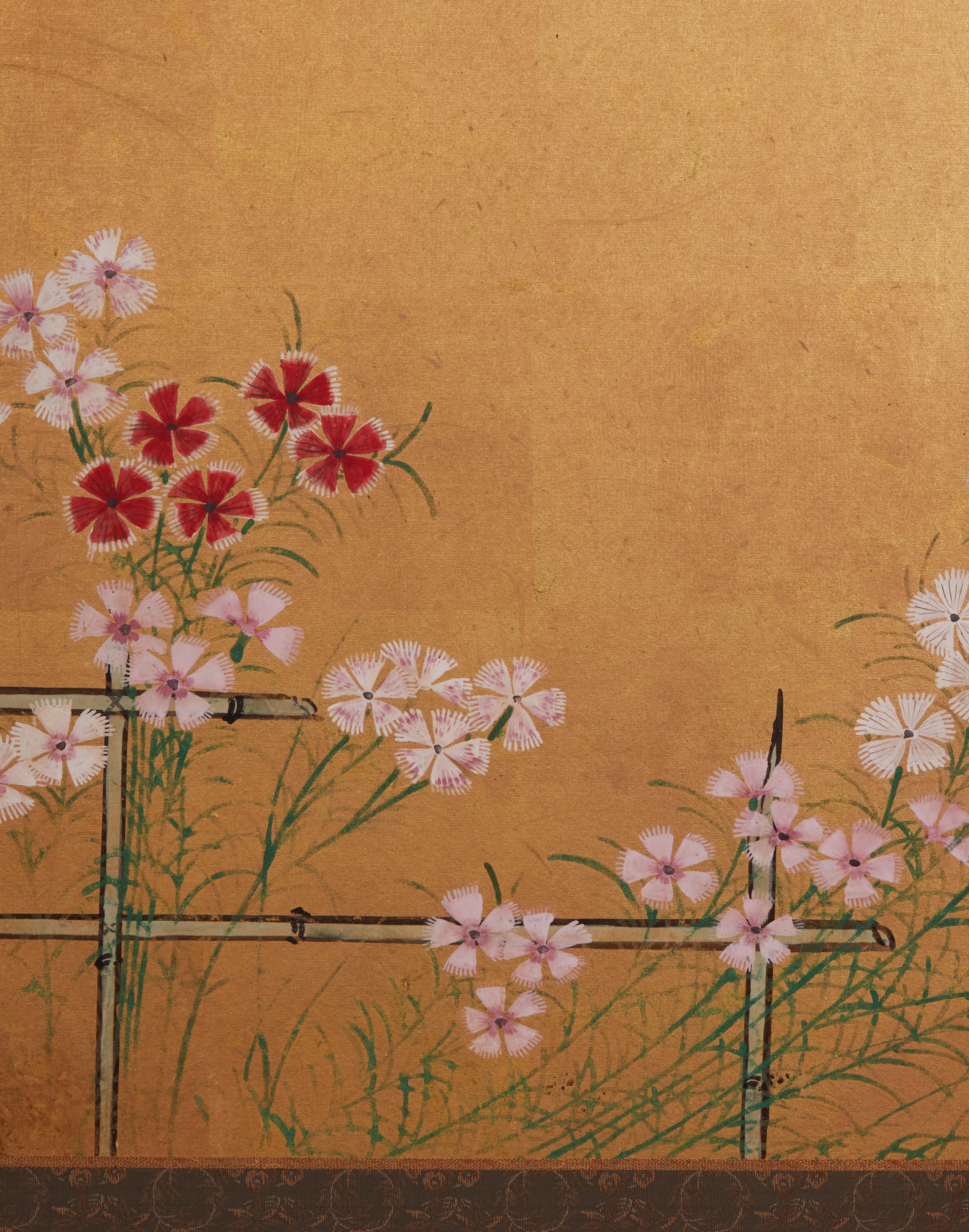 Lacquered Japanese Four Panel Screen: Nadeshiko on Bamboo Trellis on Gold Leaf For Sale