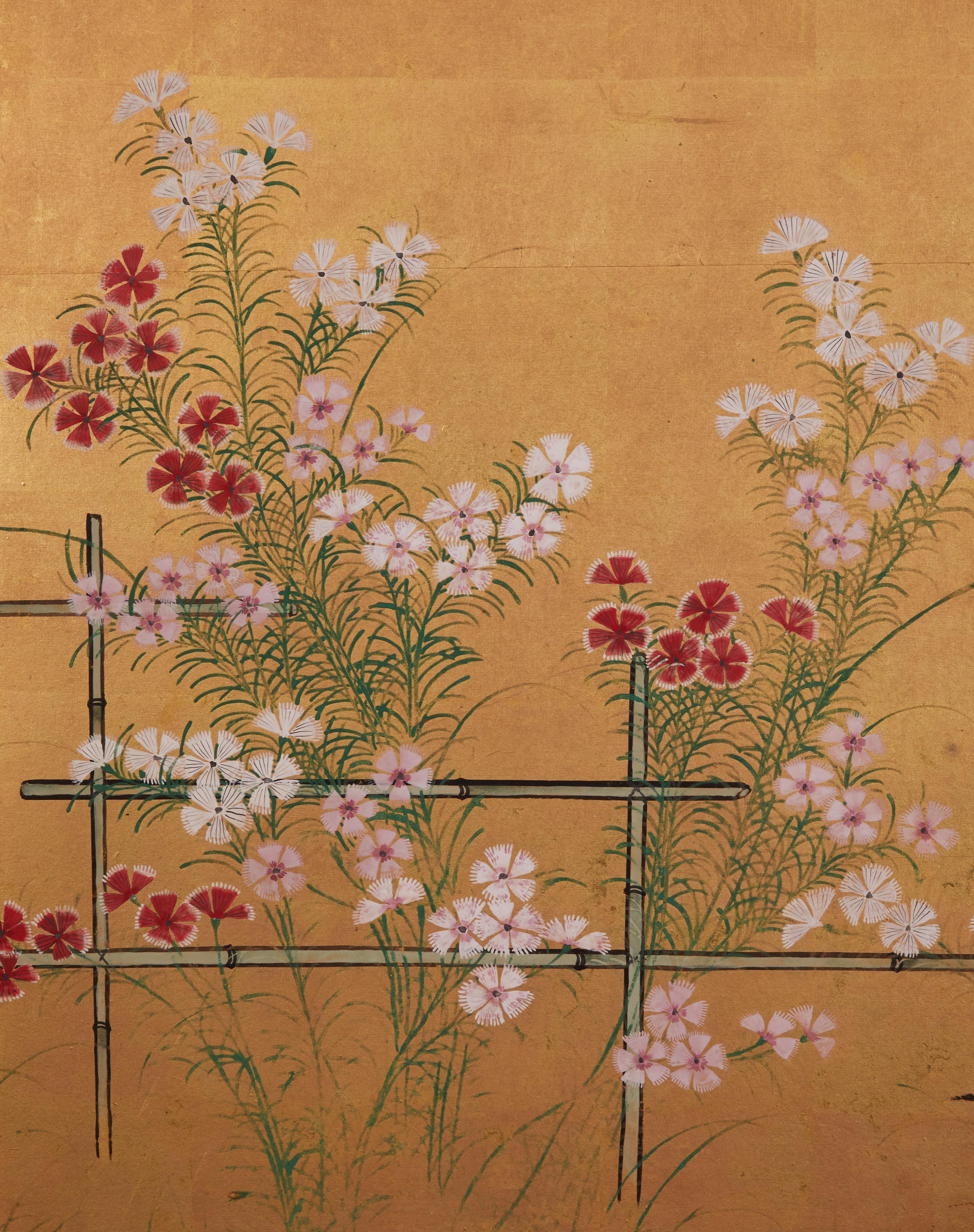 Japanese Four Panel Screen: Nadeshiko on Bamboo Trellis on Gold Leaf In Good Condition For Sale In Hudson, NY