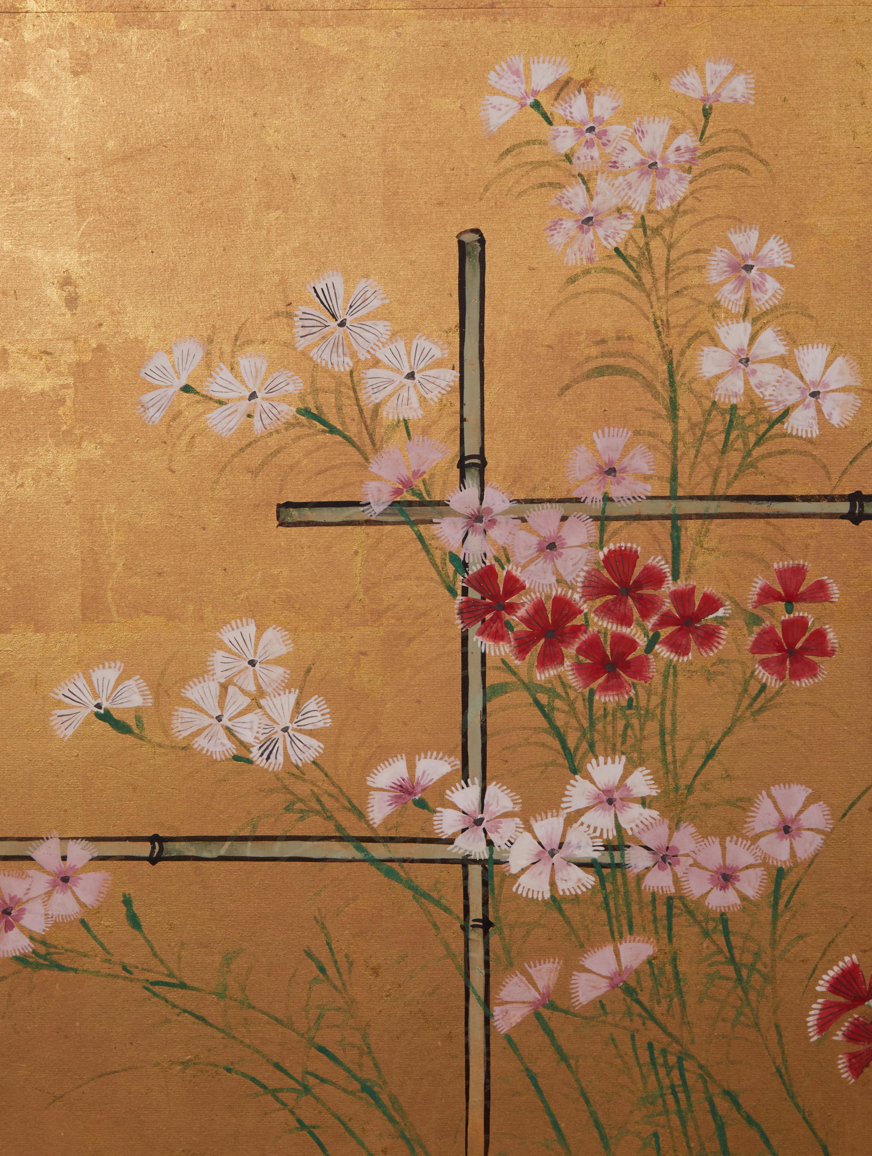 18th Century and Earlier Japanese Four Panel Screen: Nadeshiko on Bamboo Trellis on Gold Leaf For Sale