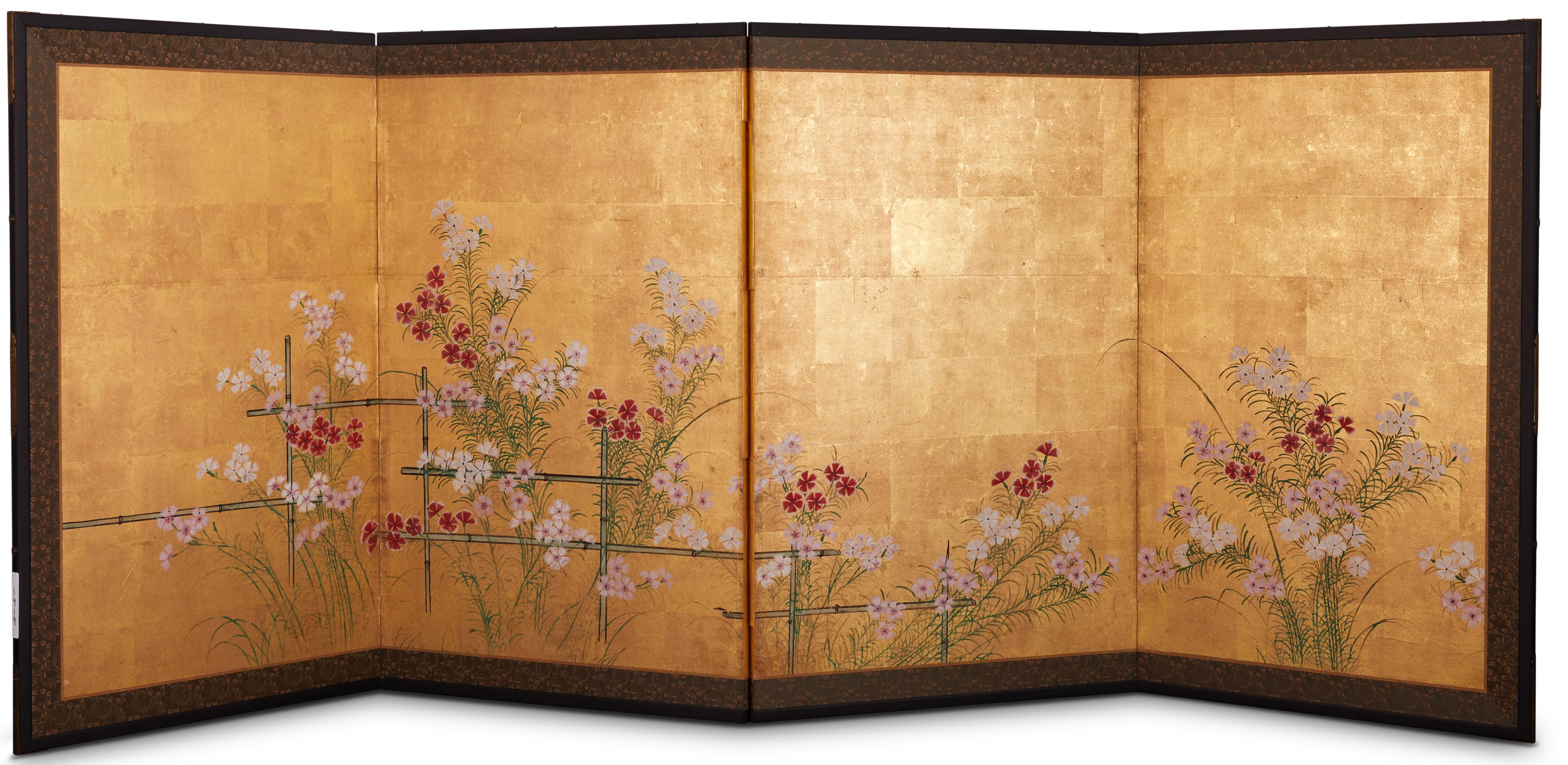 Japanese Four Panel Screen: Nadeshiko on Bamboo Trellis on Gold Leaf For Sale 1