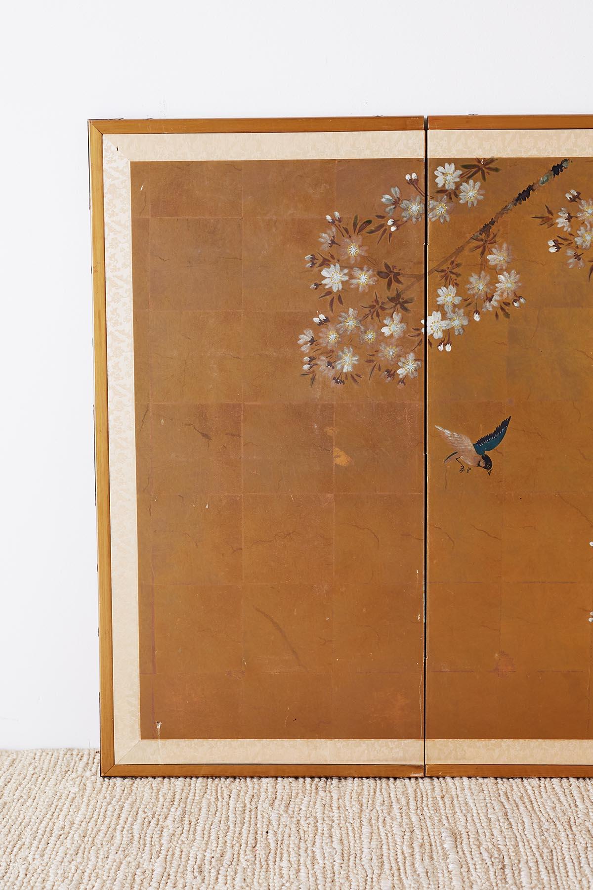Mid-Century Modern Japanese Four-Panel Screen of Birds in Prunus