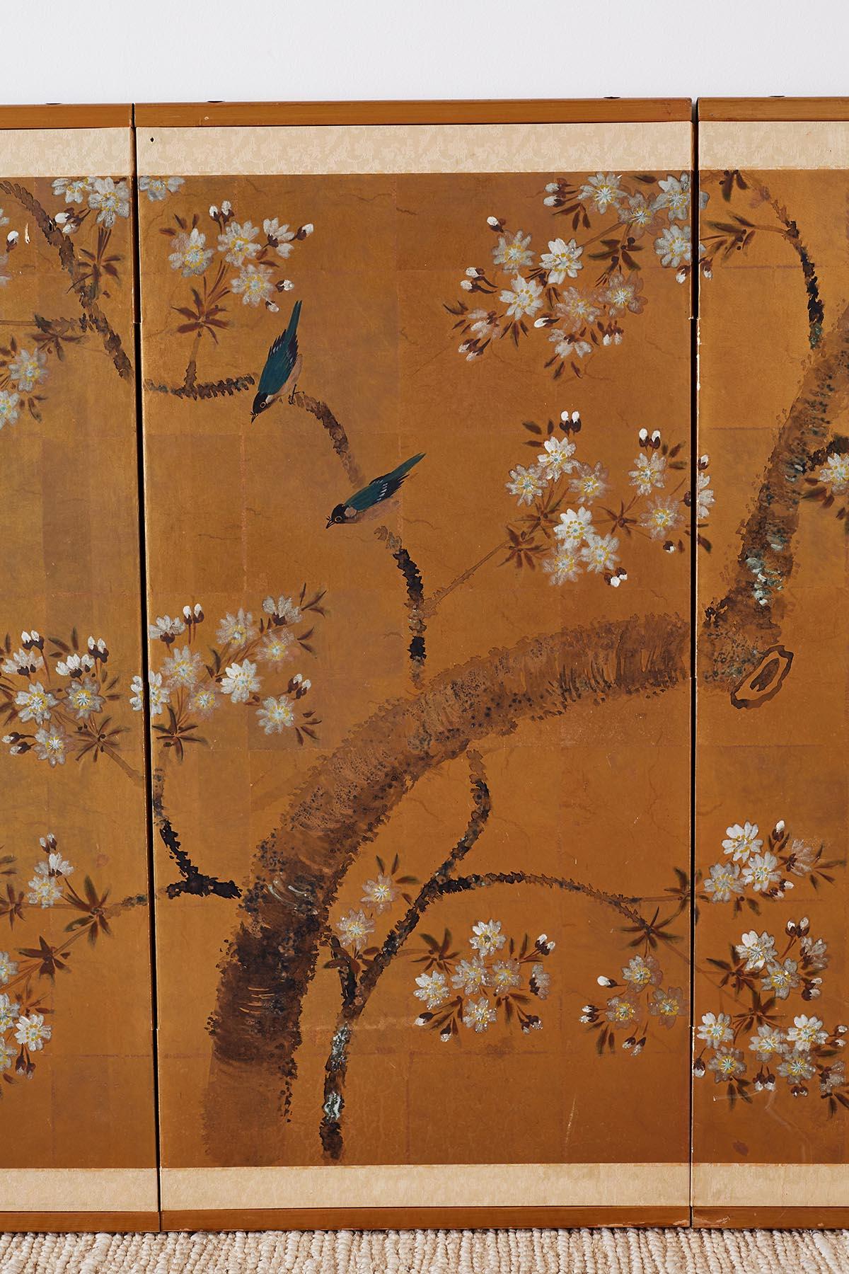 Japanese Four-Panel Screen of Birds in Prunus In Good Condition In Rio Vista, CA
