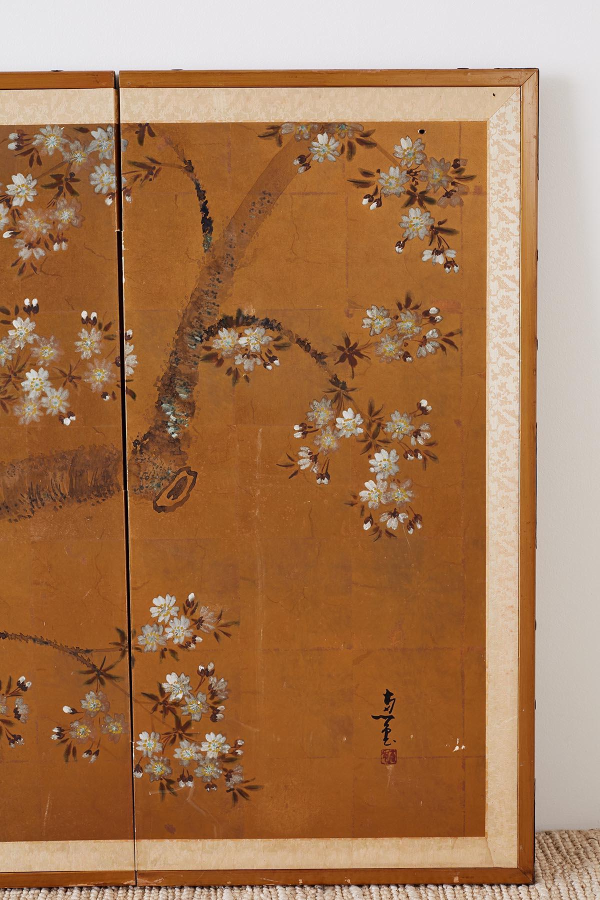 20th Century Japanese Four-Panel Screen of Birds in Prunus