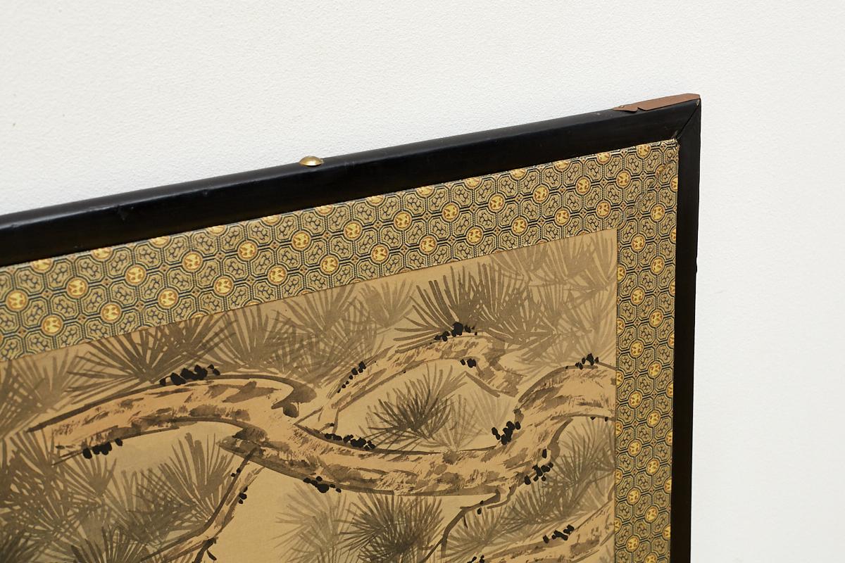 Japanese Four Panel Screen of Hawks in Pine Tree 4