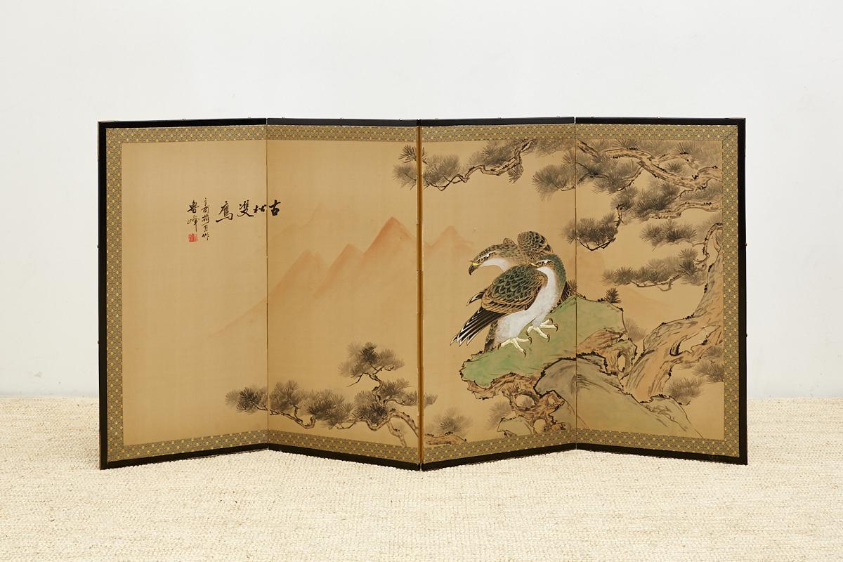 Japanese Four Panel Screen of Hawks in Pine Tree 5
