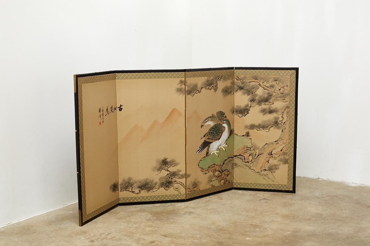 Japanese Four Panel Screen of Hawks in Pine Tree 8