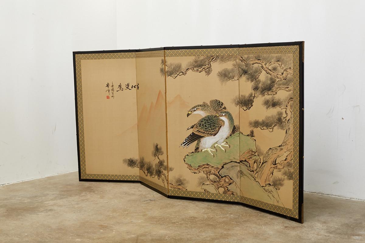 Japanese Four Panel Screen of Hawks in Pine Tree 9