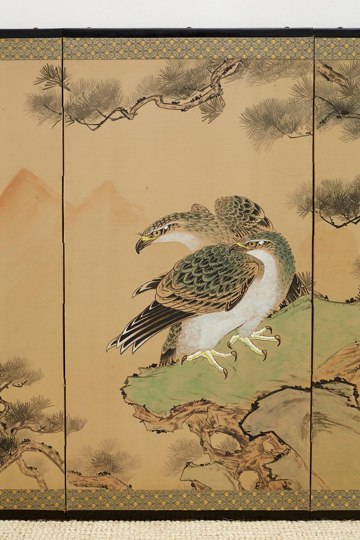 Ebonized Japanese Four Panel Screen of Hawks in Pine Tree