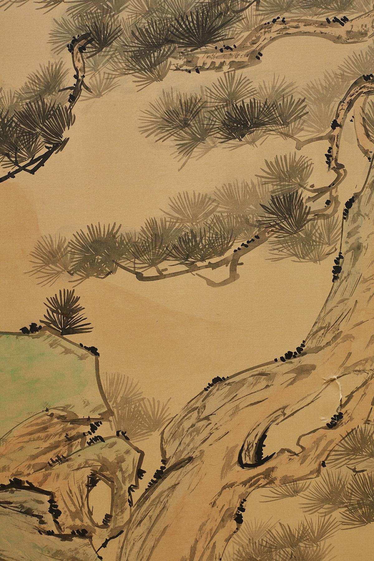Japanese Four Panel Screen of Hawks in Pine Tree 2