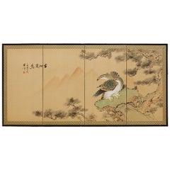 Vintage Japanese Four Panel Screen of Hawks in Pine Tree
