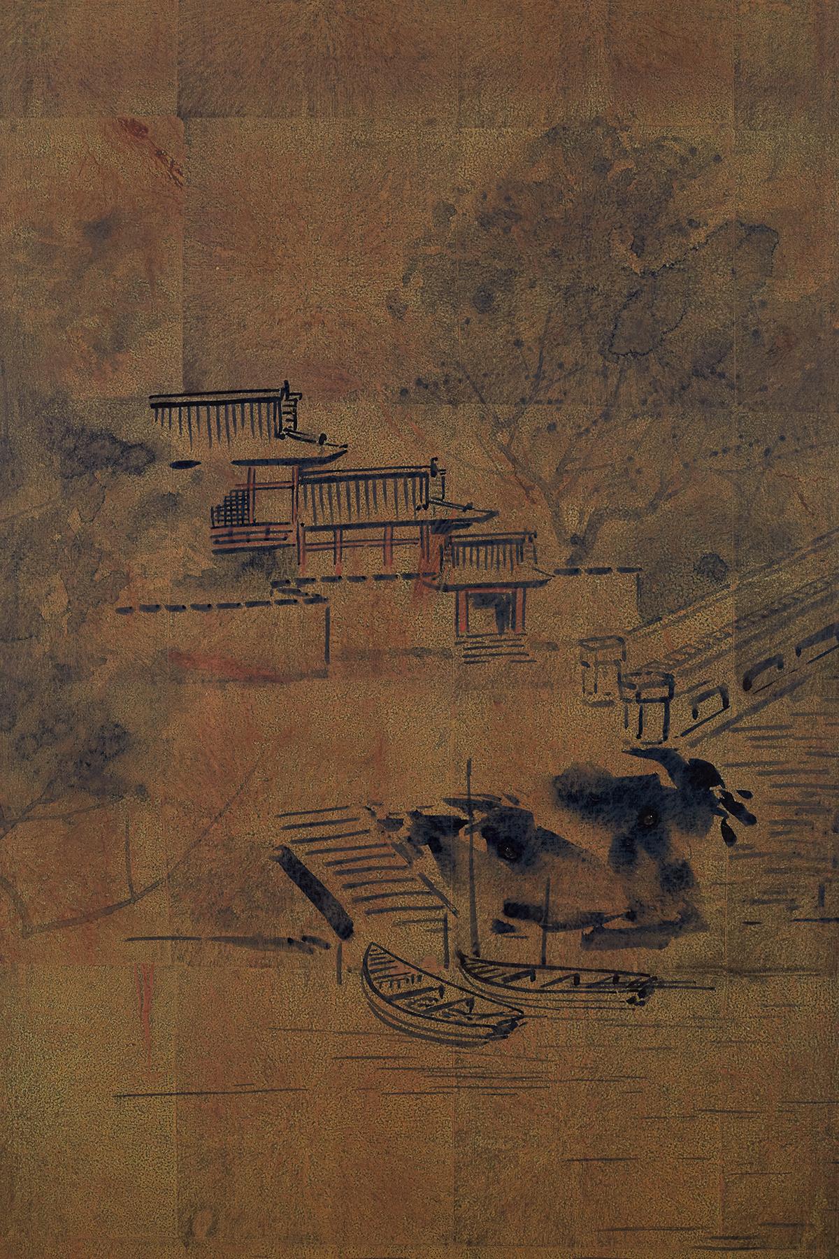 Japanese Four-Panel Screen of Pagoda Bridge Landscape 5