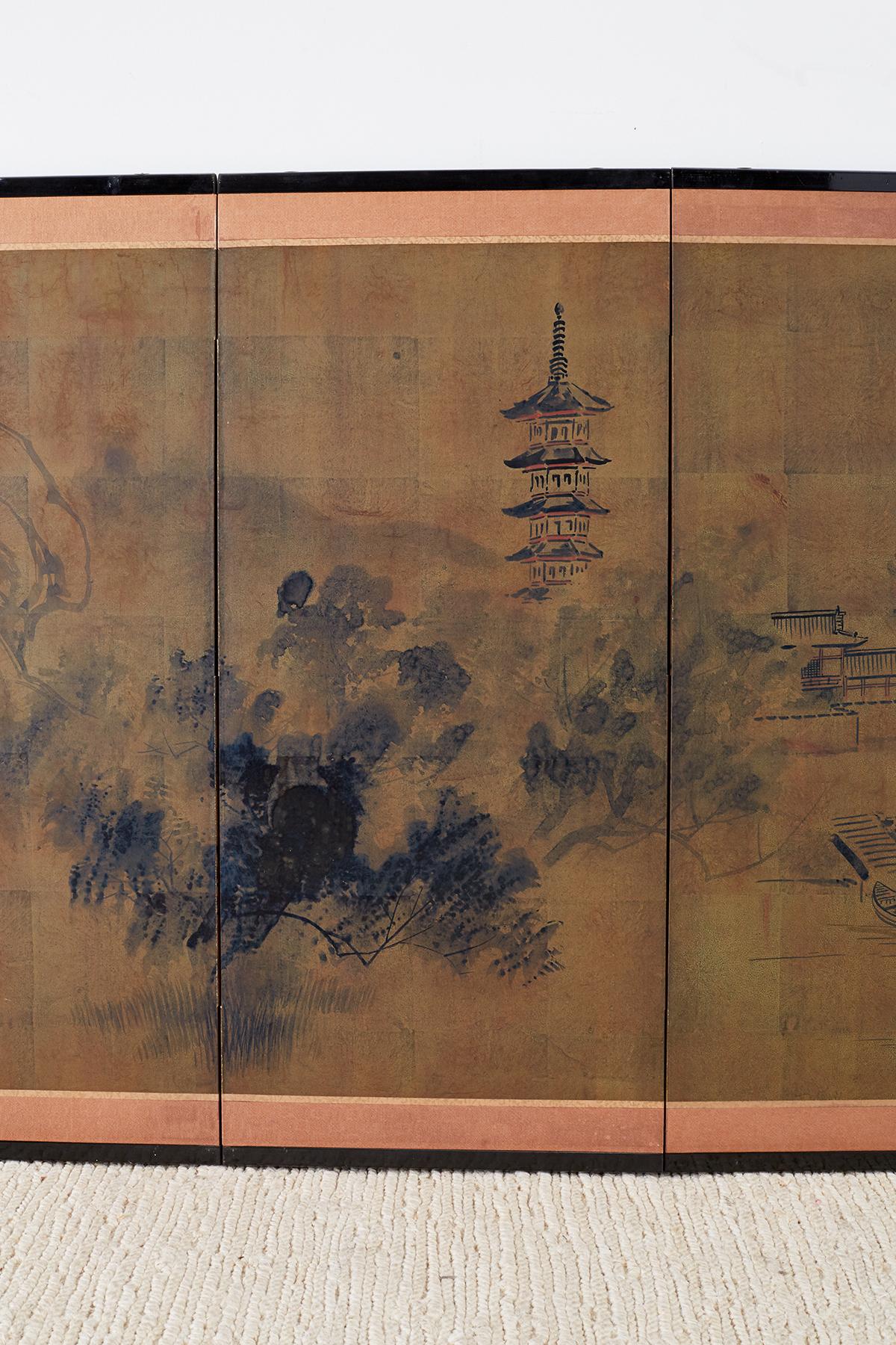Lacquered Japanese Four-Panel Screen of Pagoda Bridge Landscape