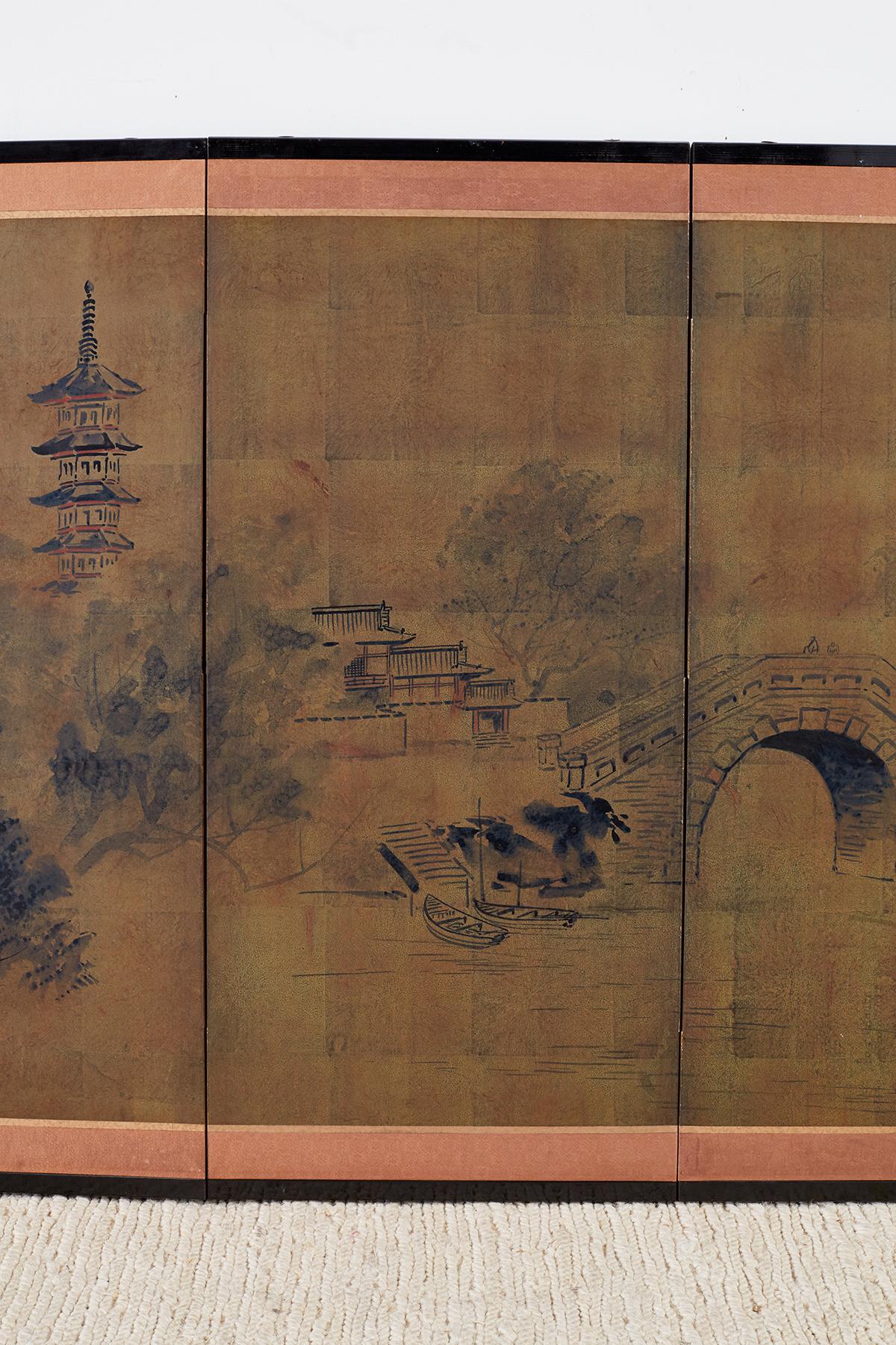 Japanese Four-Panel Screen of Pagoda Bridge Landscape In Good Condition In Rio Vista, CA