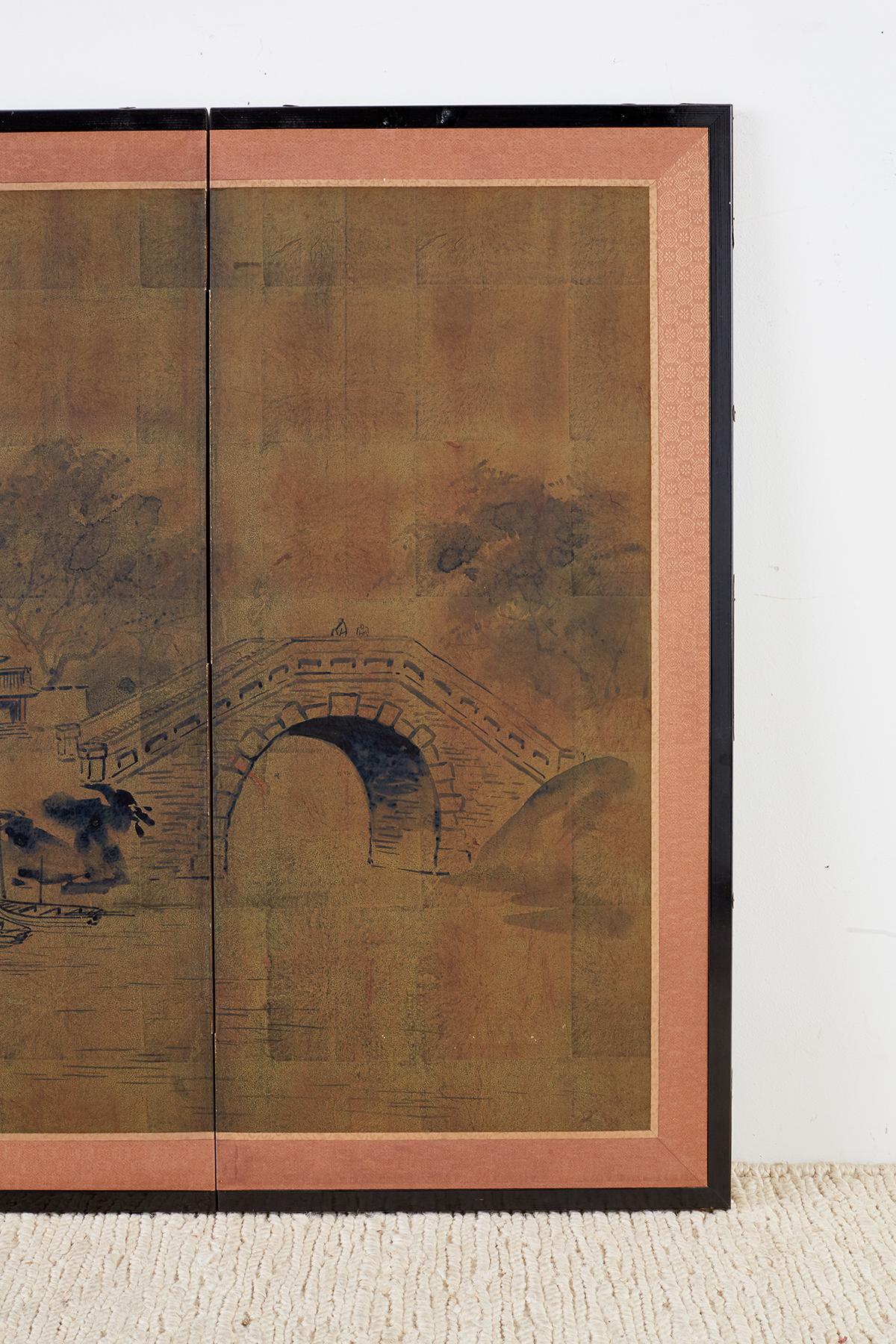 20th Century Japanese Four-Panel Screen of Pagoda Bridge Landscape