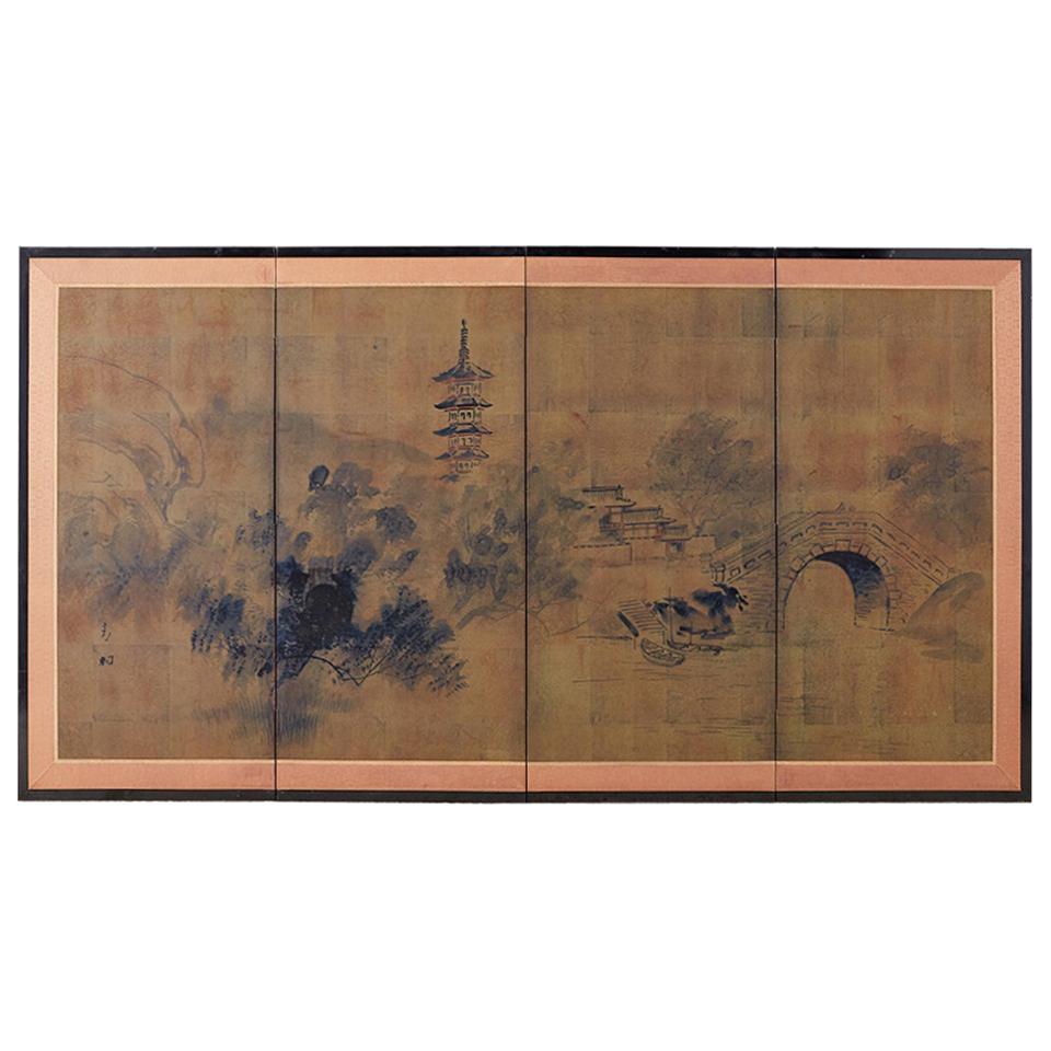 Japanese Four-Panel Screen of Pagoda Bridge Landscape