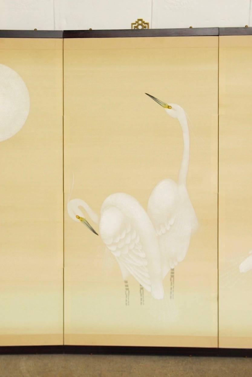 Modern Japanese Four-Panel Screen of White Cranes and Moon