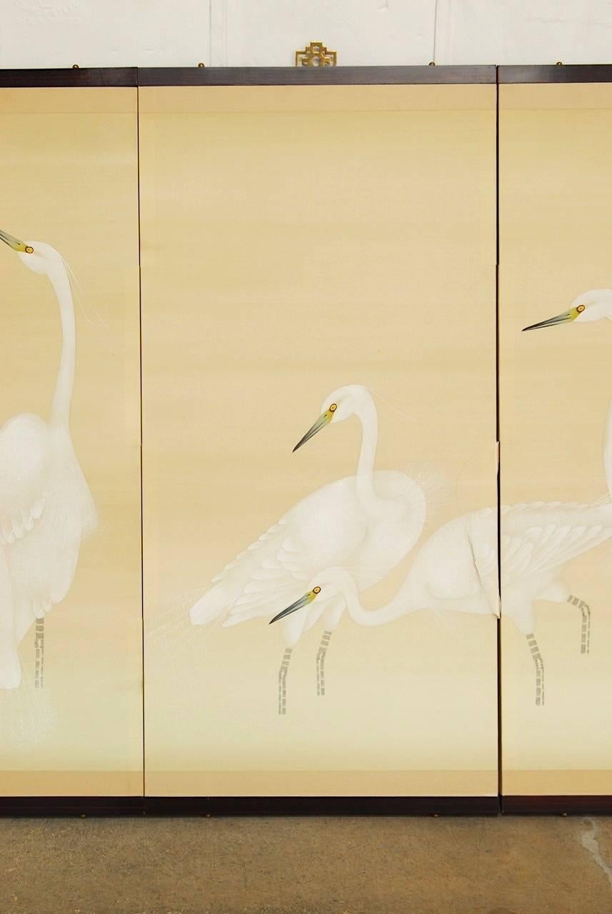 Hand-Painted Japanese Four-Panel Screen of White Cranes and Moon