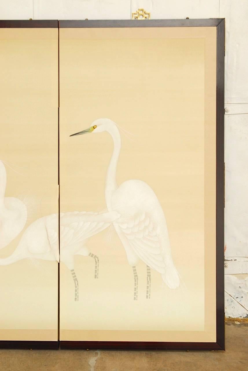 Japanese Four-Panel Screen of White Cranes and Moon In Excellent Condition In Rio Vista, CA