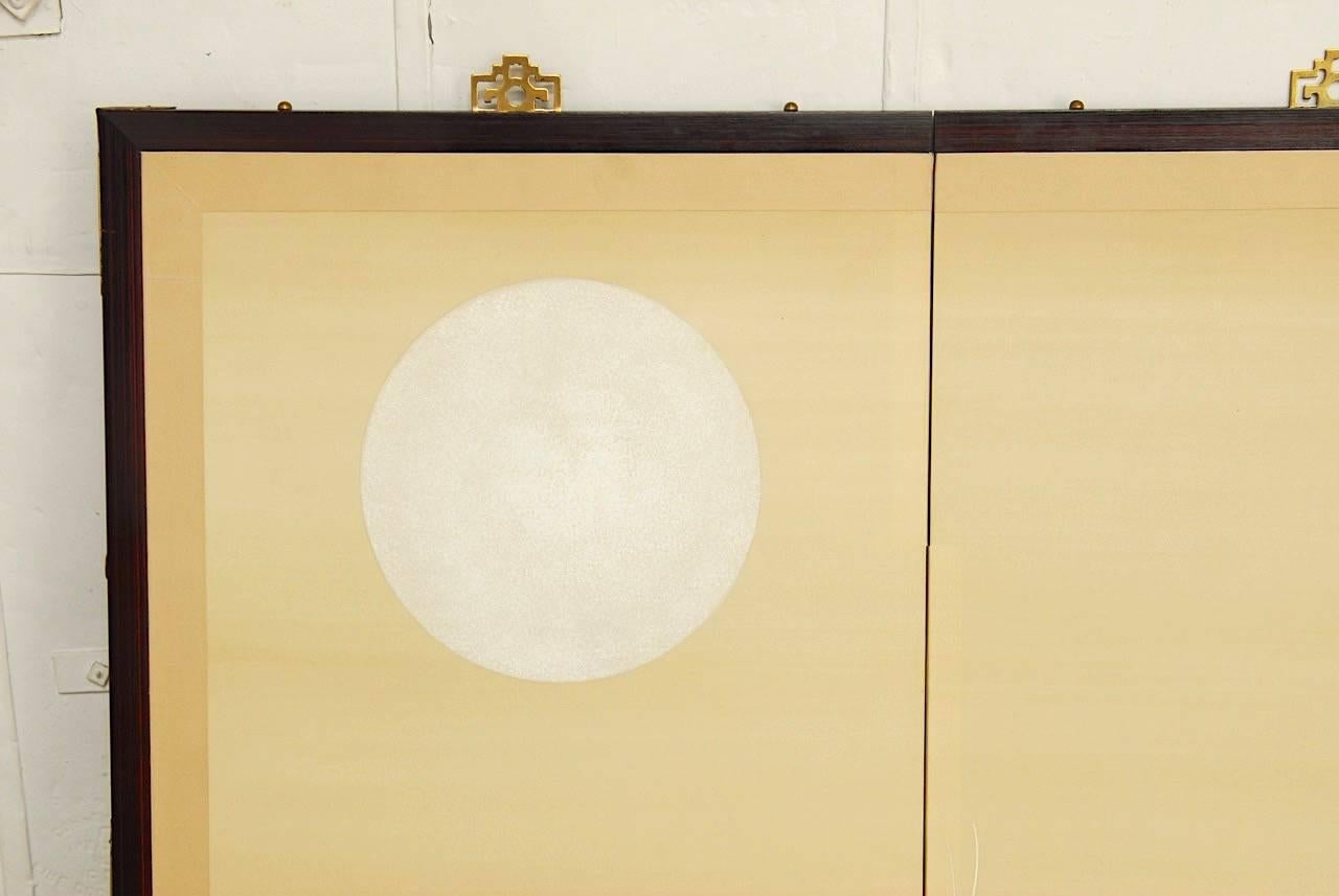 Brass Japanese Four-Panel Screen of White Cranes and Moon