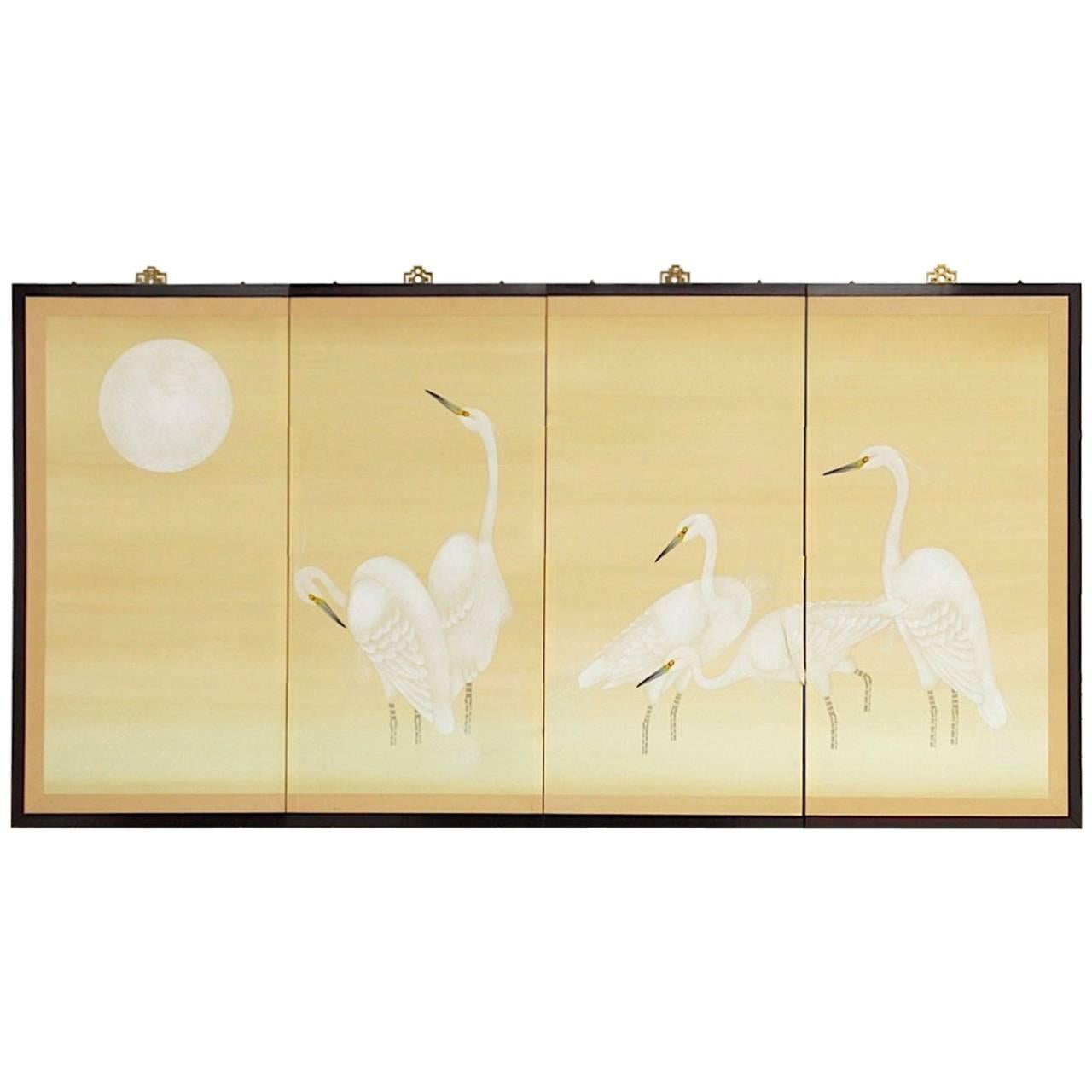 Japanese Four-Panel Screen of White Cranes and Moon