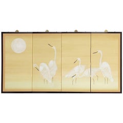 Japanese Four-Panel Screen of White Cranes and Moon