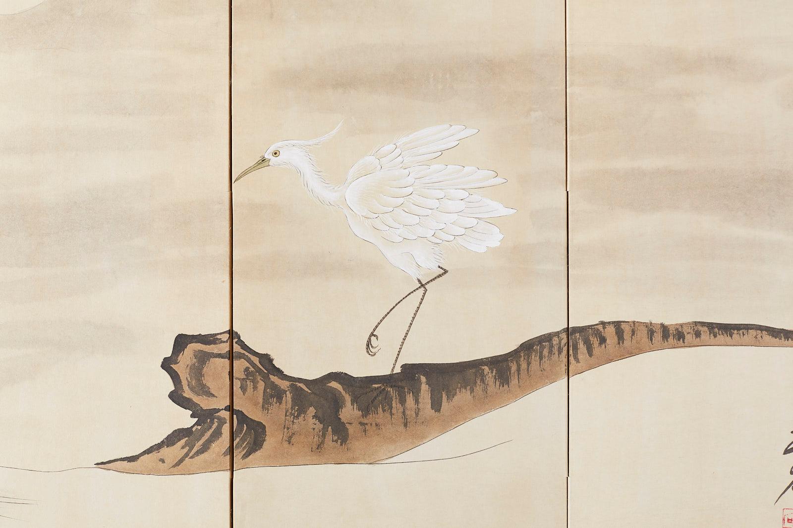 Japanese Four-Panel Screen of White Egret with Waves 5