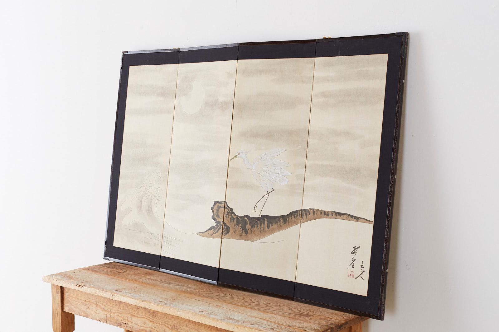 Japanese Four-Panel Screen of White Egret with Waves 6
