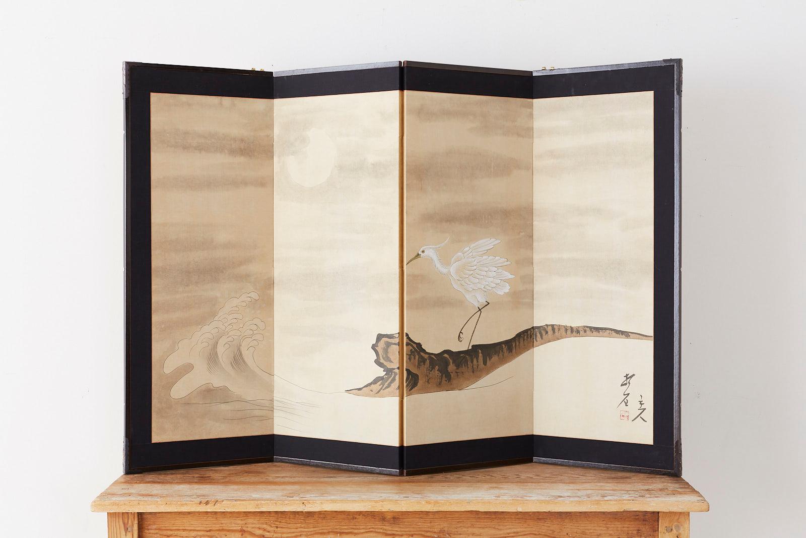 Japanese Four-Panel Screen of White Egret with Waves 7